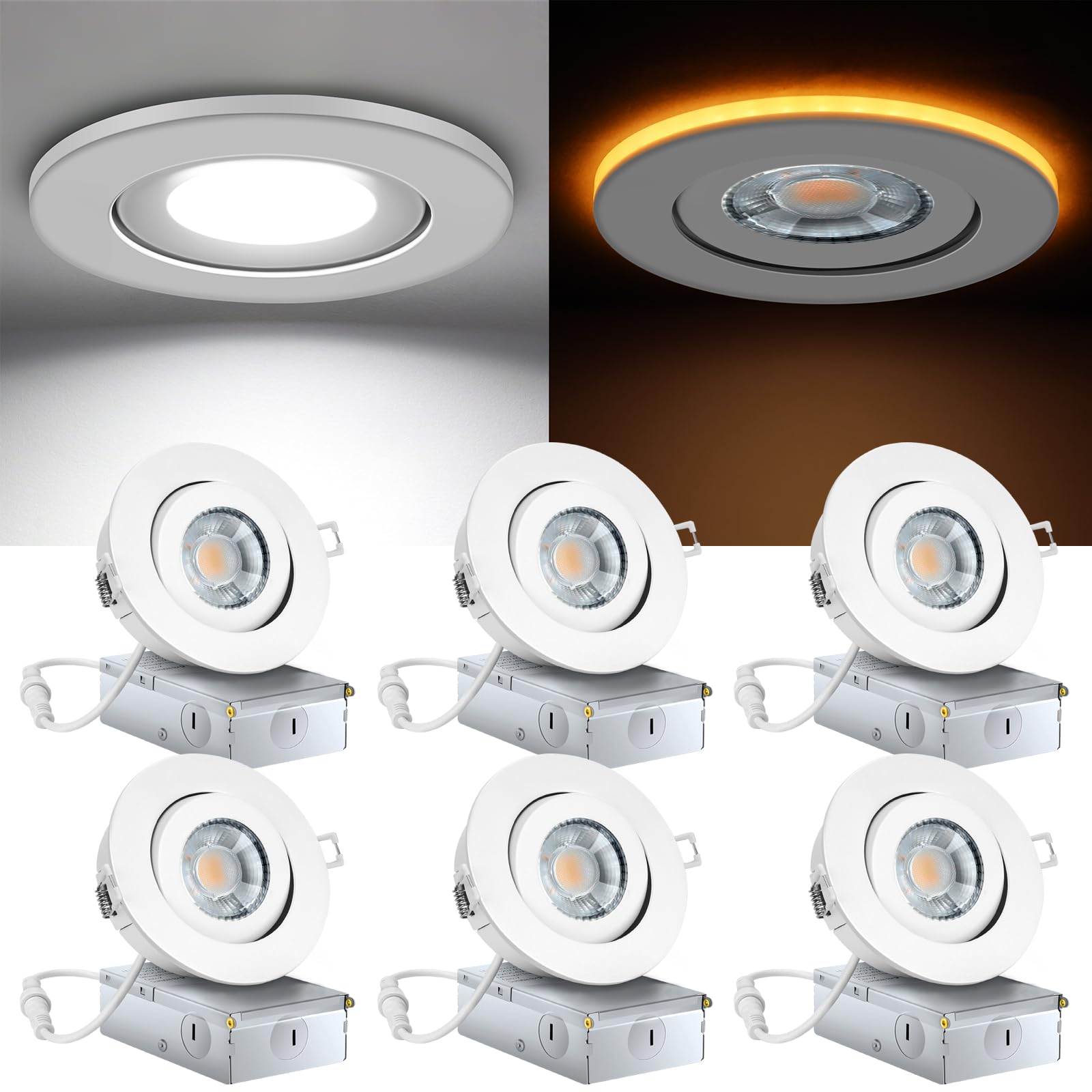 AKSCYZM  4 Inch LED Recessed Spot Lights with Night Light Dimmable 5 Color Temperature Selectable Airtight ETL Listed with Junction Box