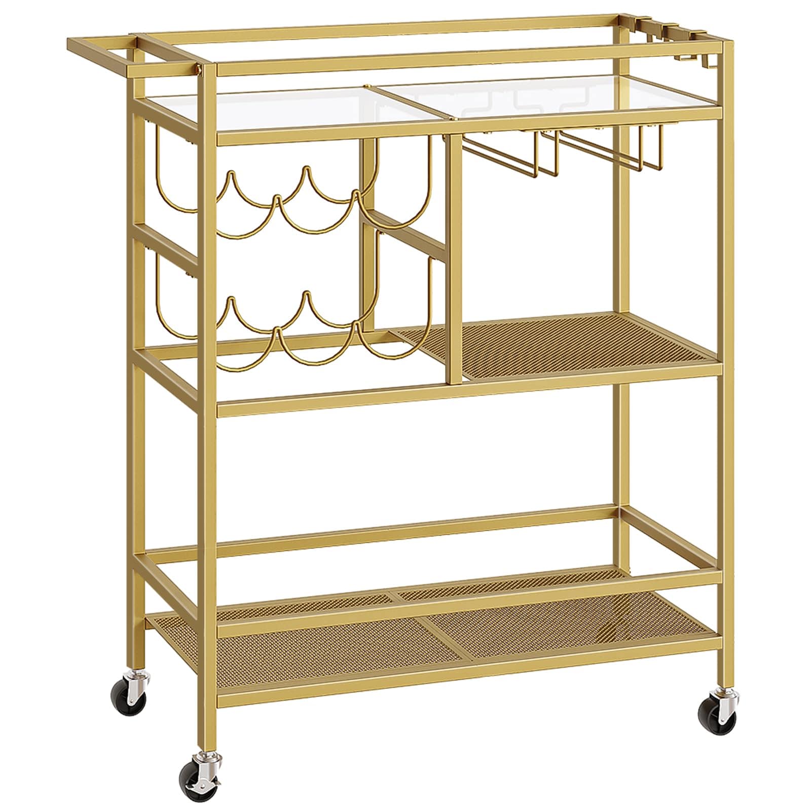 Etokfoks  Gold Metal 3 Tier Rolling Bar Cart with Wine Rack and Glass Holders 24 8 in W x 32 in H