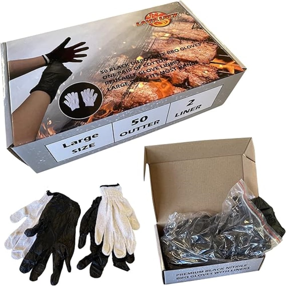 LavaLock Disposable Nitrile BBQ Gloves with Cotton Liners for Outdoor Cooking Grilling Smokers and Barbecue Competition Chef or