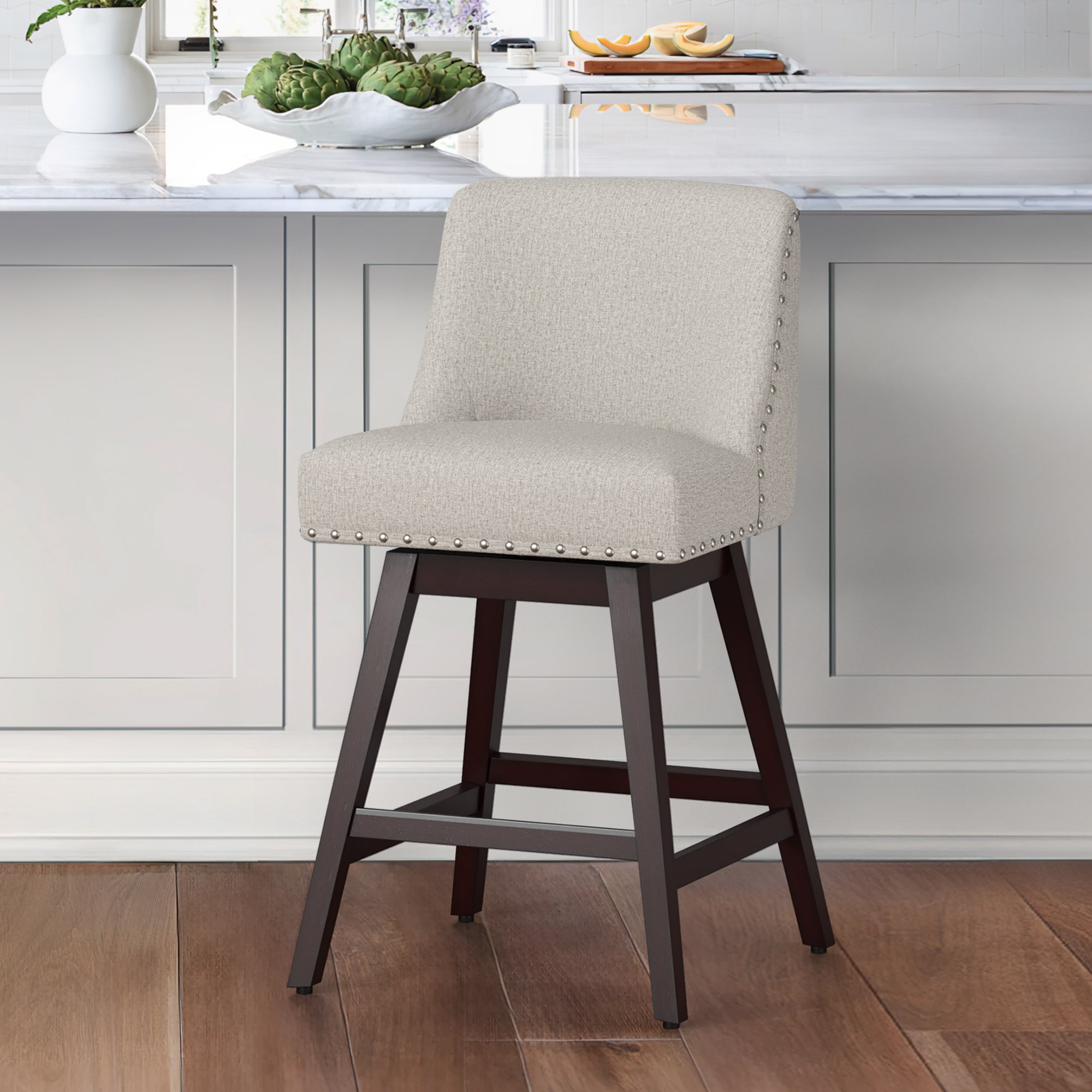 Oyster Gray 26-in H Counter height Upholstered Swivel Wood Bar Stool in ...