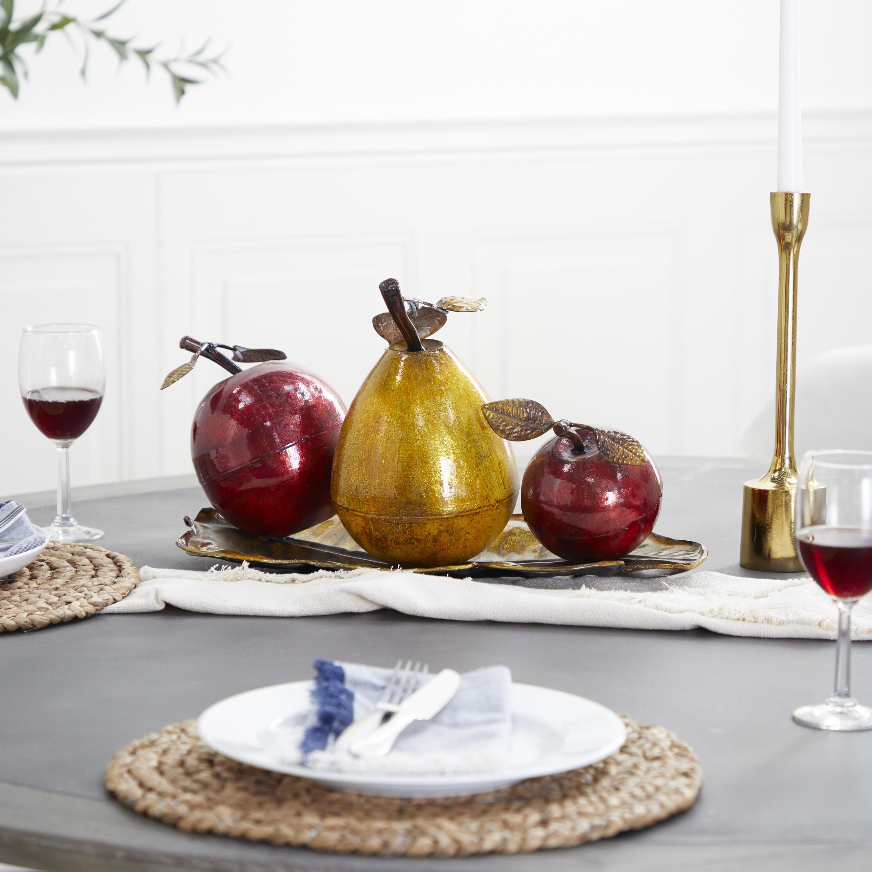 Glossy Red Apple and Yellow Pear Metal Sculpture on Leaf Tray