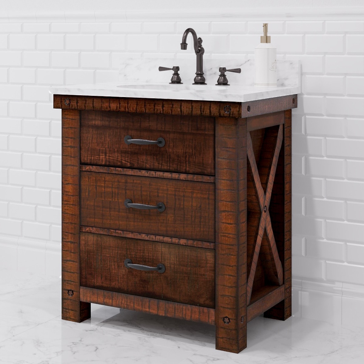 Water Creation Aberdeen 30-in Rustic Sienna Undermount Single Sink Bathroom Vanity with Carrara White Marble Top (Fully Assembled)