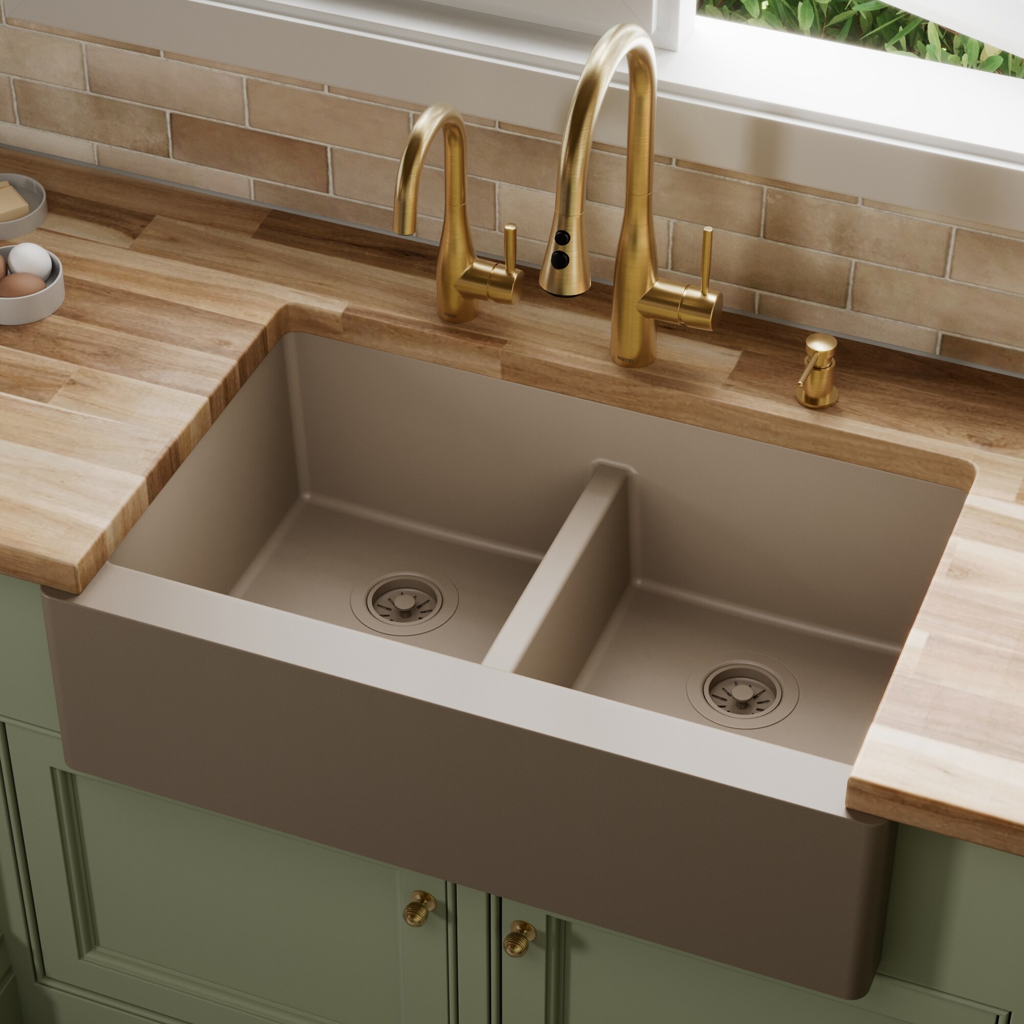 Karran Farmhouse apron front 34.0-in x 21.25-in Quartz Double equal bowl Kitchen Sink