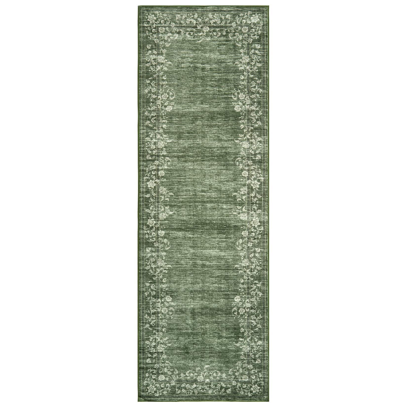 Qeetex LSN-PHK-33MCCFEY 2 x 6 ft Polyester Cashmere Imitation Green Rectangular Hallway Bathroom Entryway Kitchen Office Foldable Flower Printed Modern Washable Area Rug