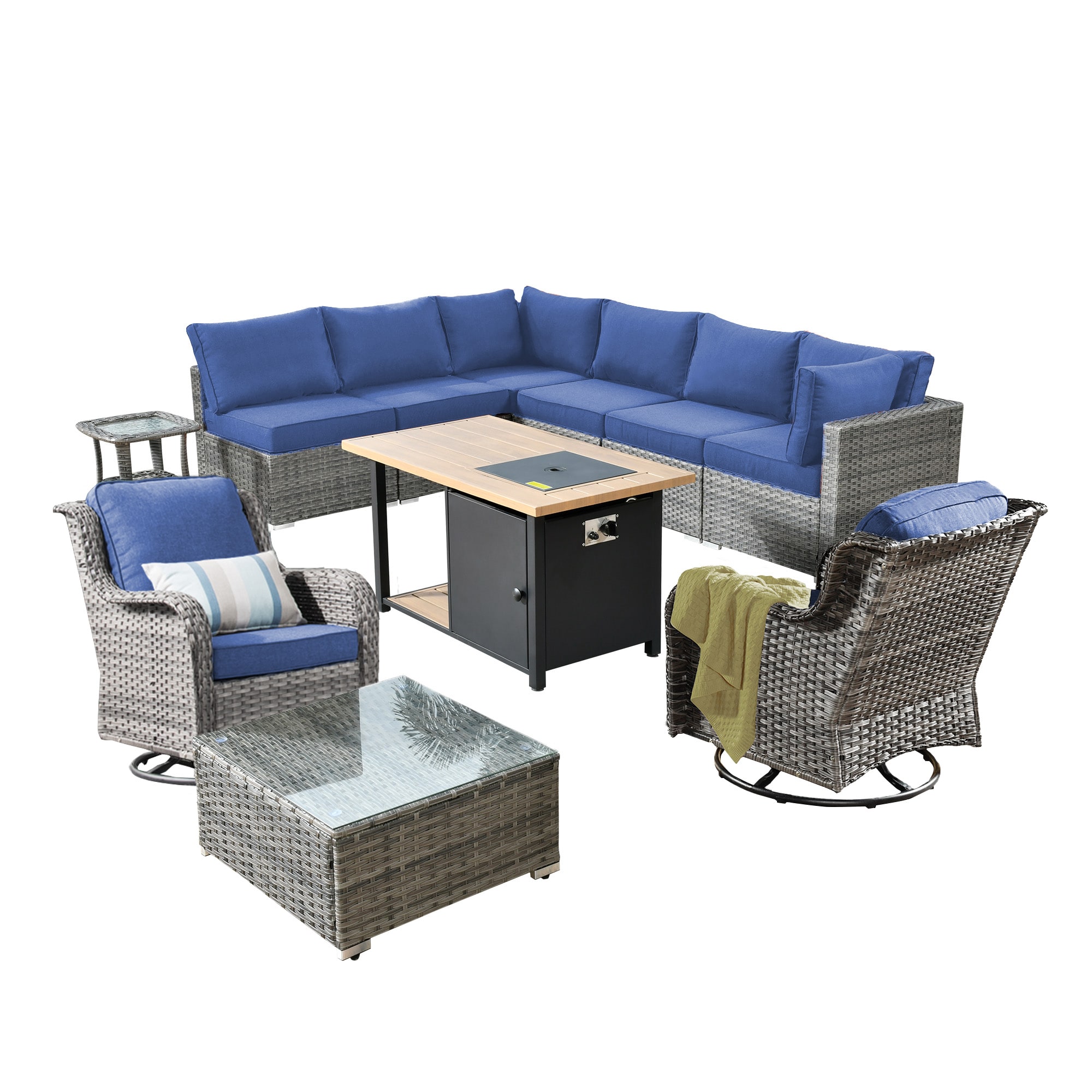 weaxty DDFP03RRSGNTC7011 11-Piece Rattan Patio Conversation Set with Blue Cushions
