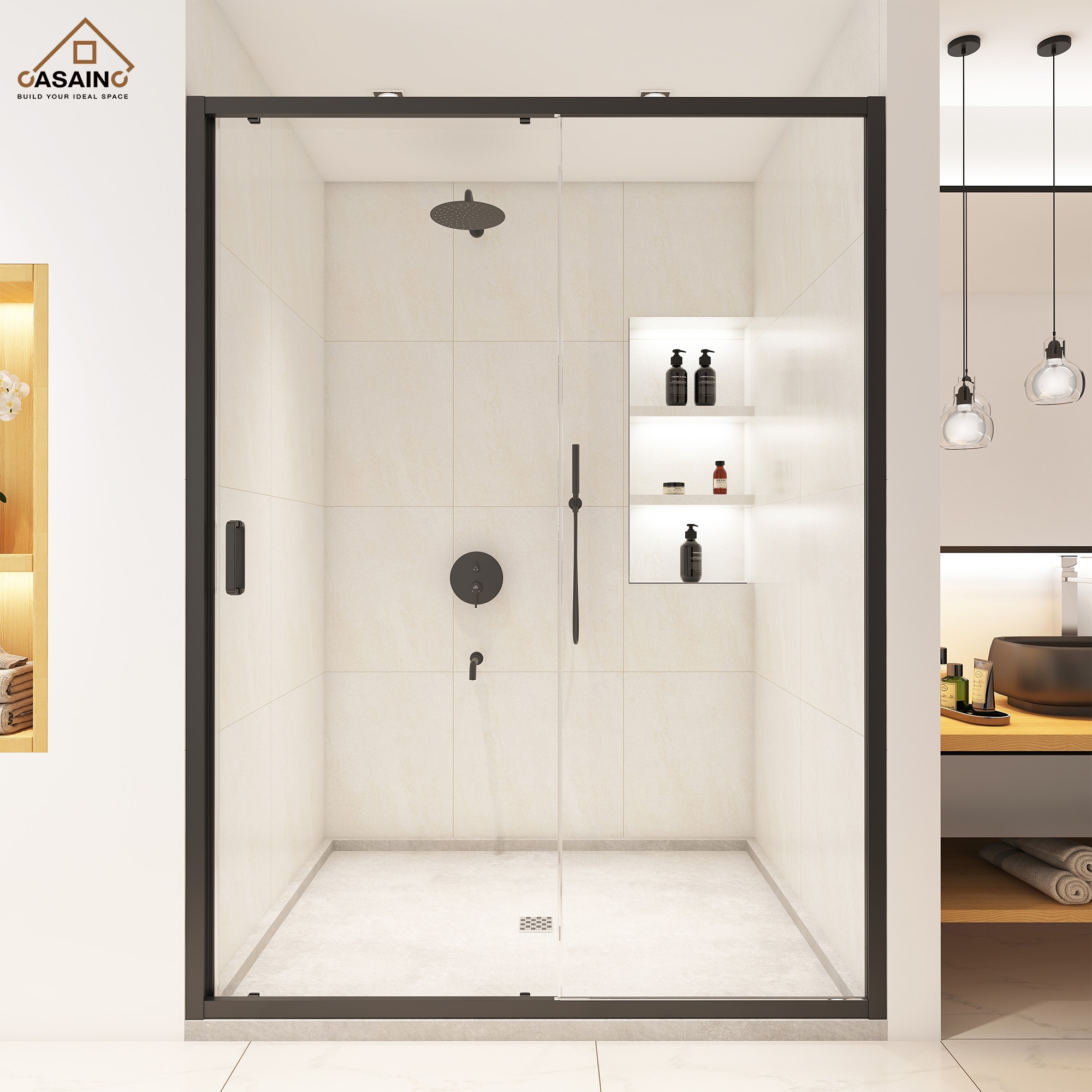 CASAINC SL-TL-D60 Matte Black 58-in to 60-in W x 72-in H Framed Clear Glass Sliding Shower door