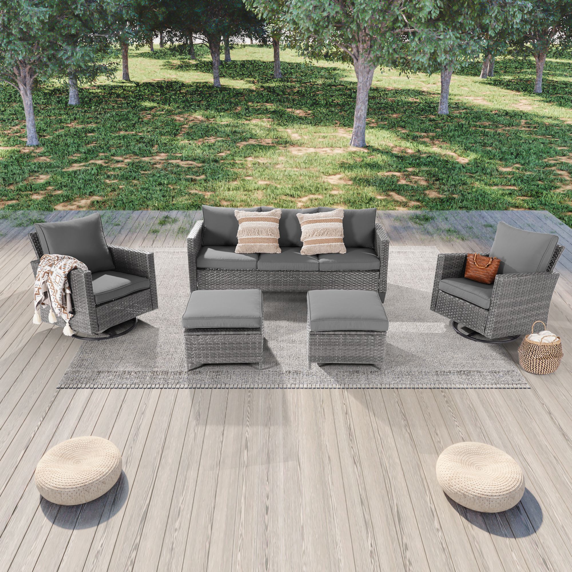 Sonkuki SD-C-HGY-S1 5 -Piece Wicker Patio Sofa Conversation Set with Gray Cushions