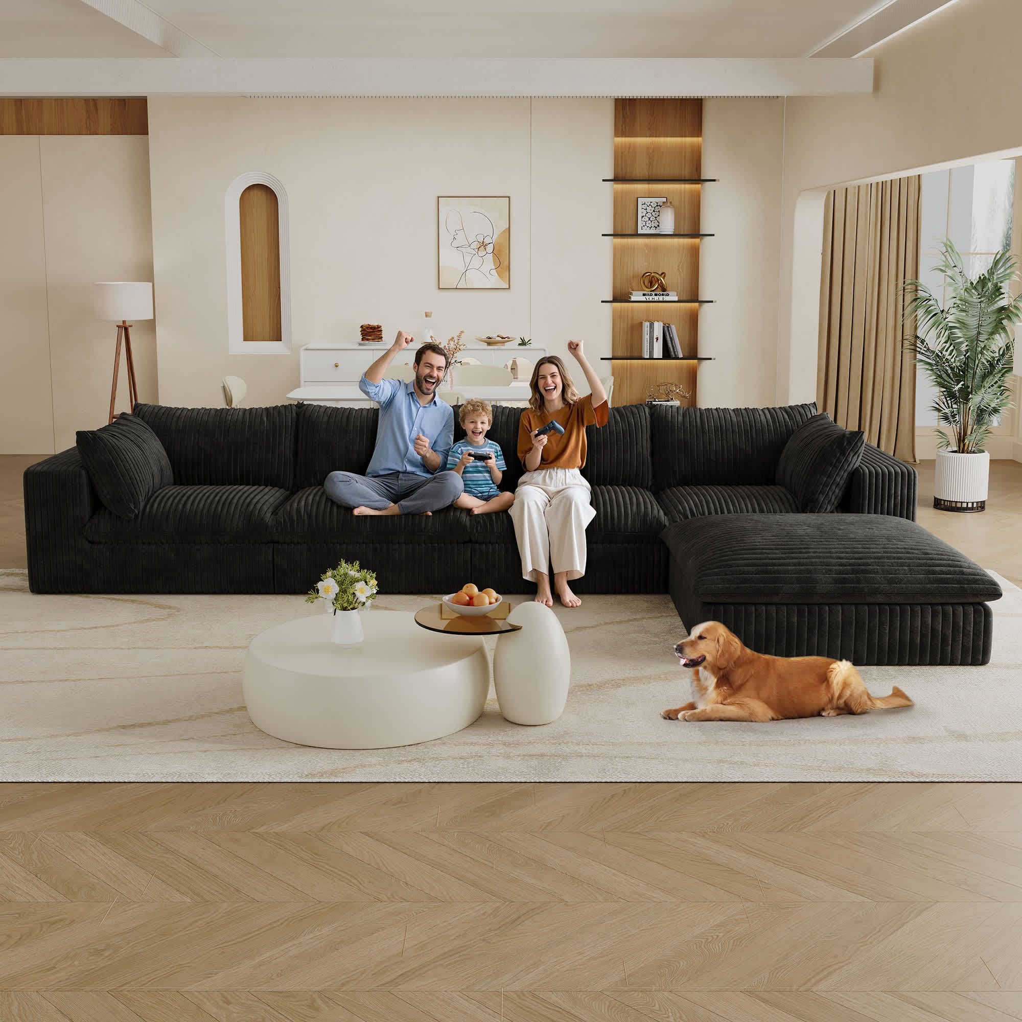 Misty Moon FXLW0403-S00081 157.6 Inch Black Cloud Sofa Corduroy Fabric Deep Seat Couches with 1 Ottoman Double-layer design Removable Cushion