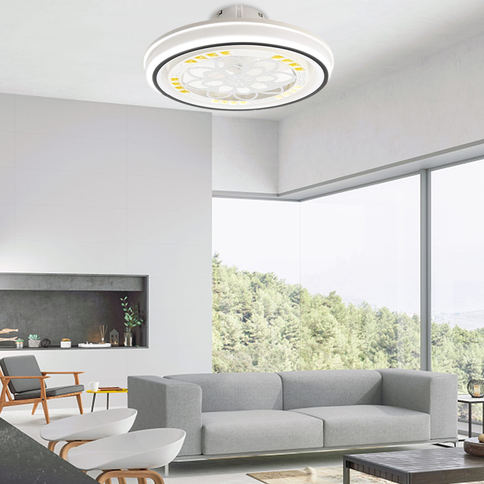 Oukaning JZUCOD8LN2HJ8 Stepless Dimming 19-in Color-Changing Flush Mount White and Gold with ABS Blades Bladeless Ceiling Fan With Light and Remote ( 3 -Blade )