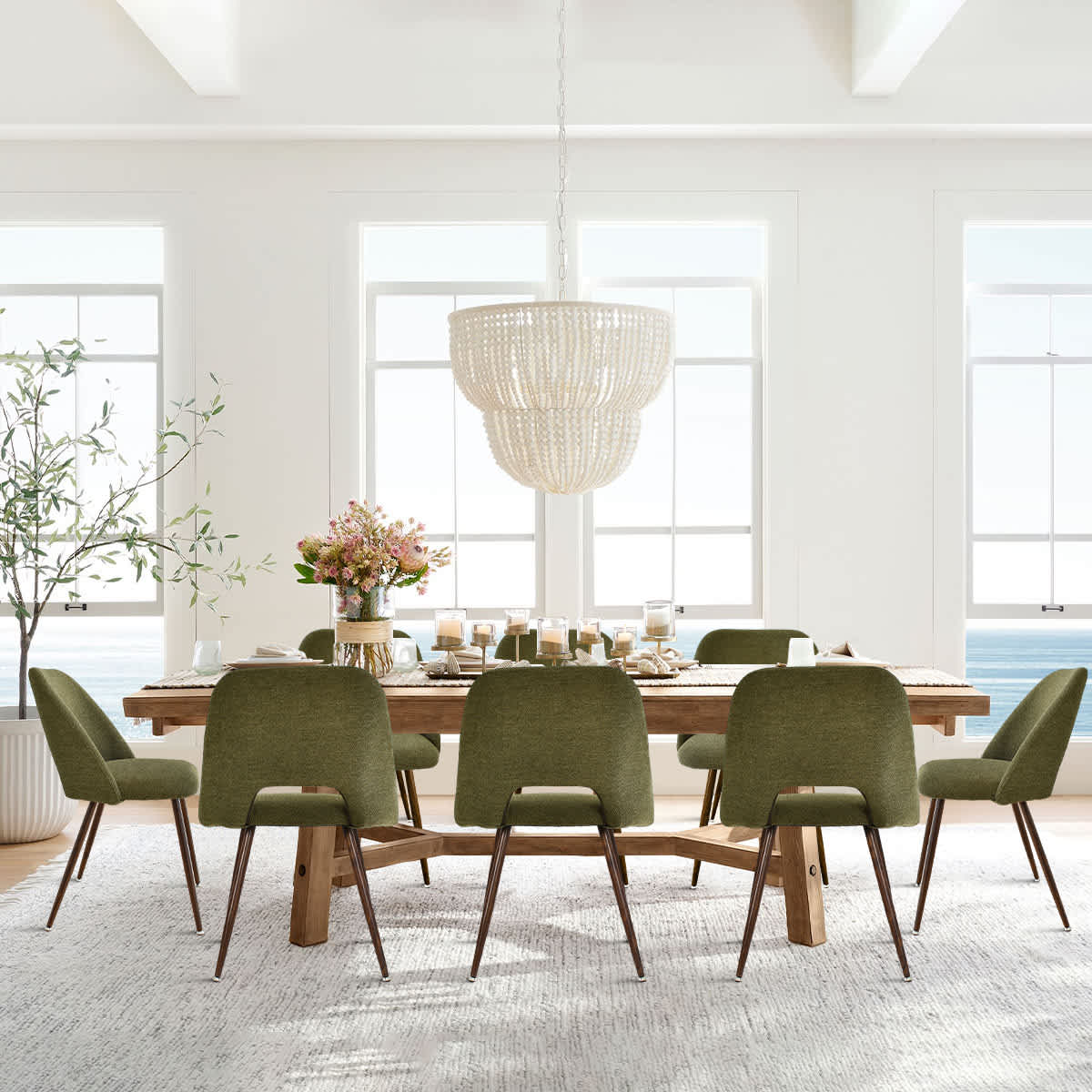 Maison Boucle EDWIN-CHAIR-GREEN-8 Set of 8 Modern Green Upholstered Dining Chairs with Curved Back and Walnut Metal Legs for Kitchen