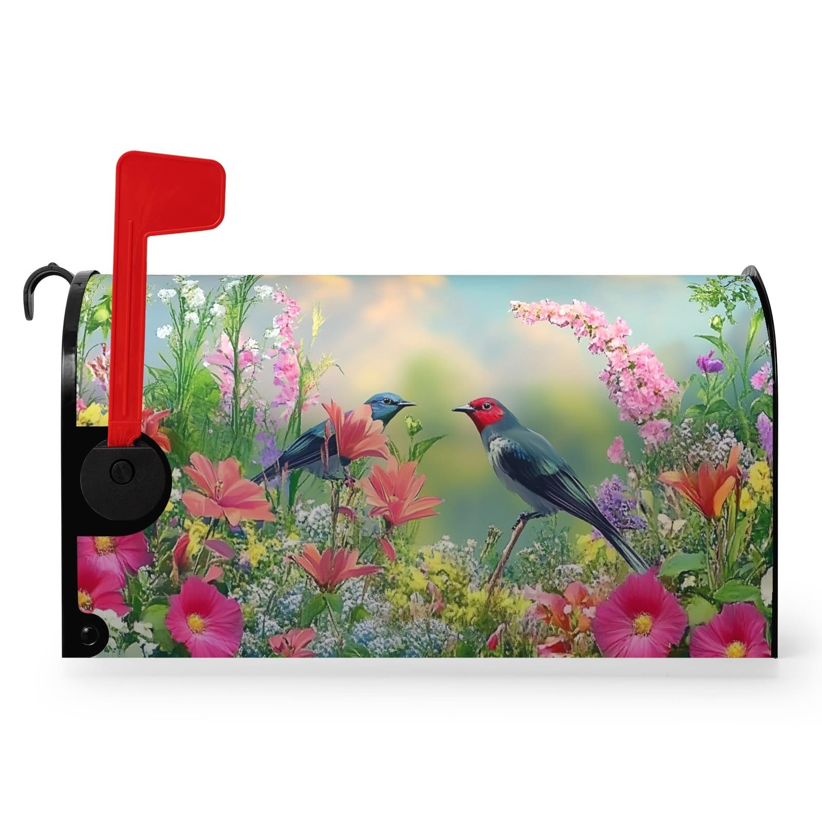 Phyfalip Spring Bird Flowers Magnetic Mailbox Cover Standard Size 21x18 Inch Colorful Floral Farmhouse Mailbox Wrap Durable Oxford Fabric for #LPF0604P073