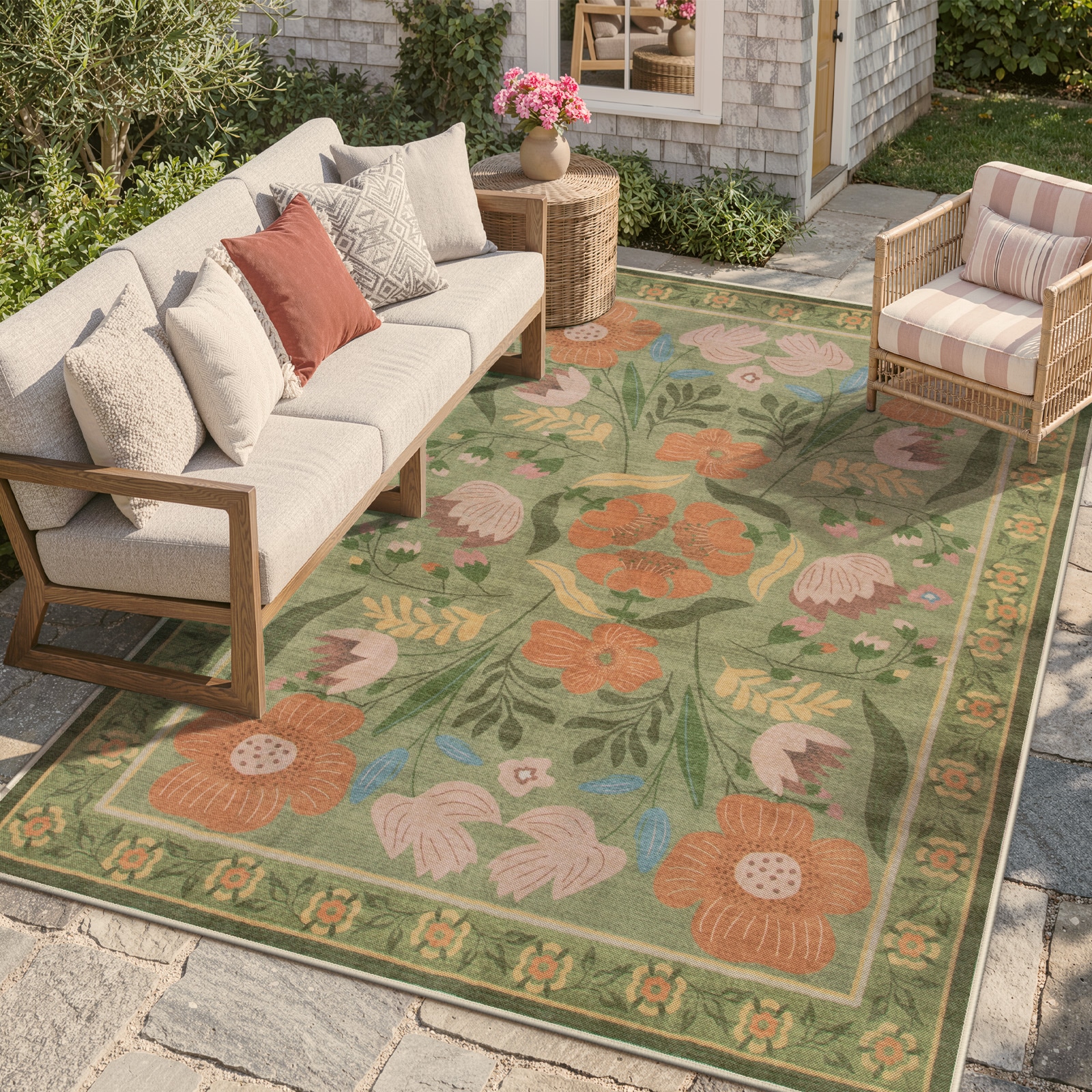  8x10(ft) Green Washable Floral Pattern Breathable Quick Dry Mesh Outdoor Rug for RV Patio Backyard
