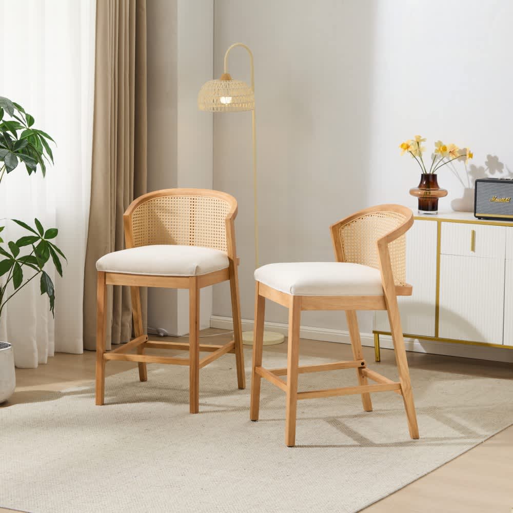 Coolbibila PALOMA-STOOLS-BEIGE Indoor Natural Wooden Beige Upholstered Counter Stools Set of 2 with Rattan Back for Dining Room