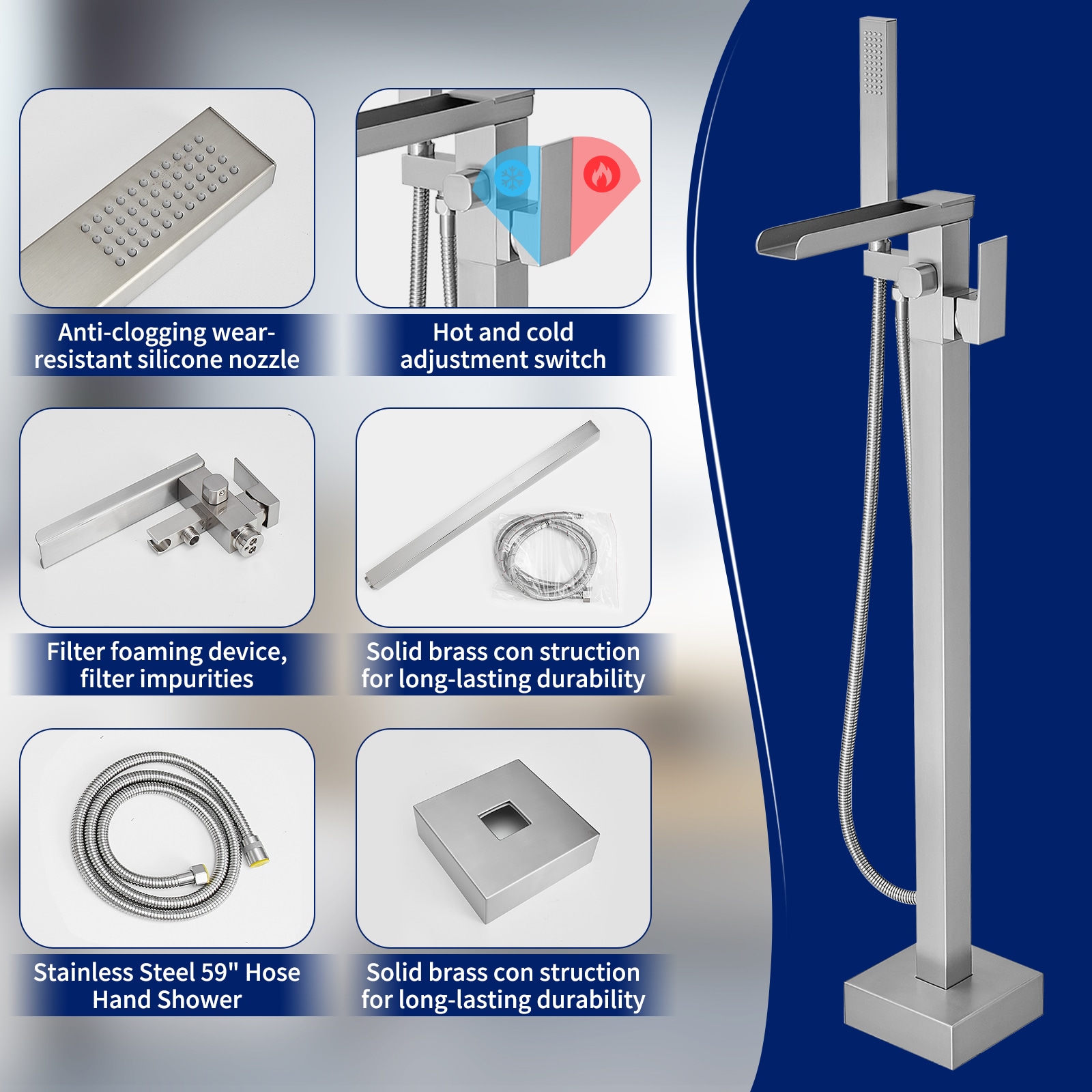 Brushed Nickel Freestanding Waterfall Tub Faucet with Hand Shower