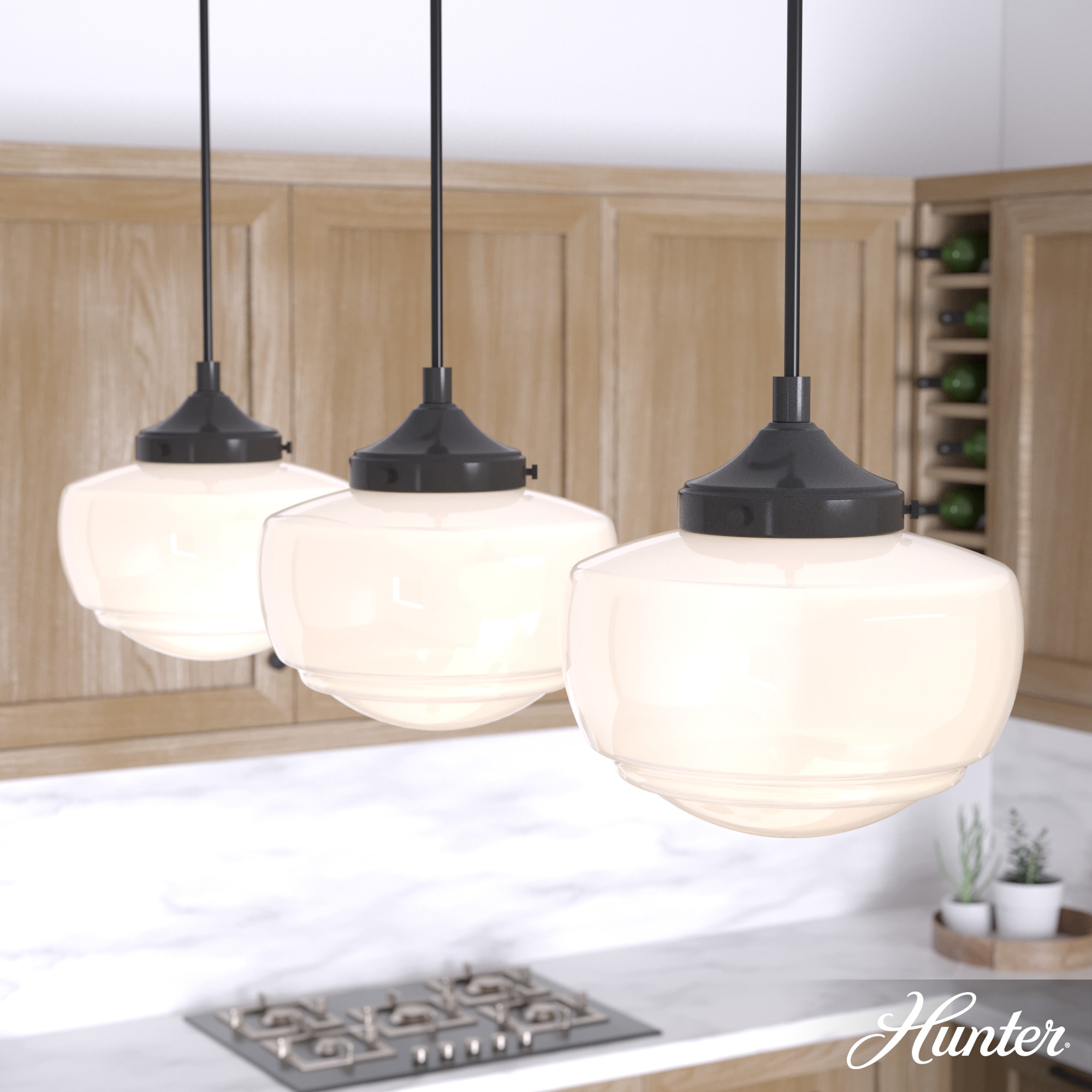 Hunter 19498 Saddle Creek 3 -Light Noble Bronze Transitional Opal glass Linear Large Hanging Kitchen island light