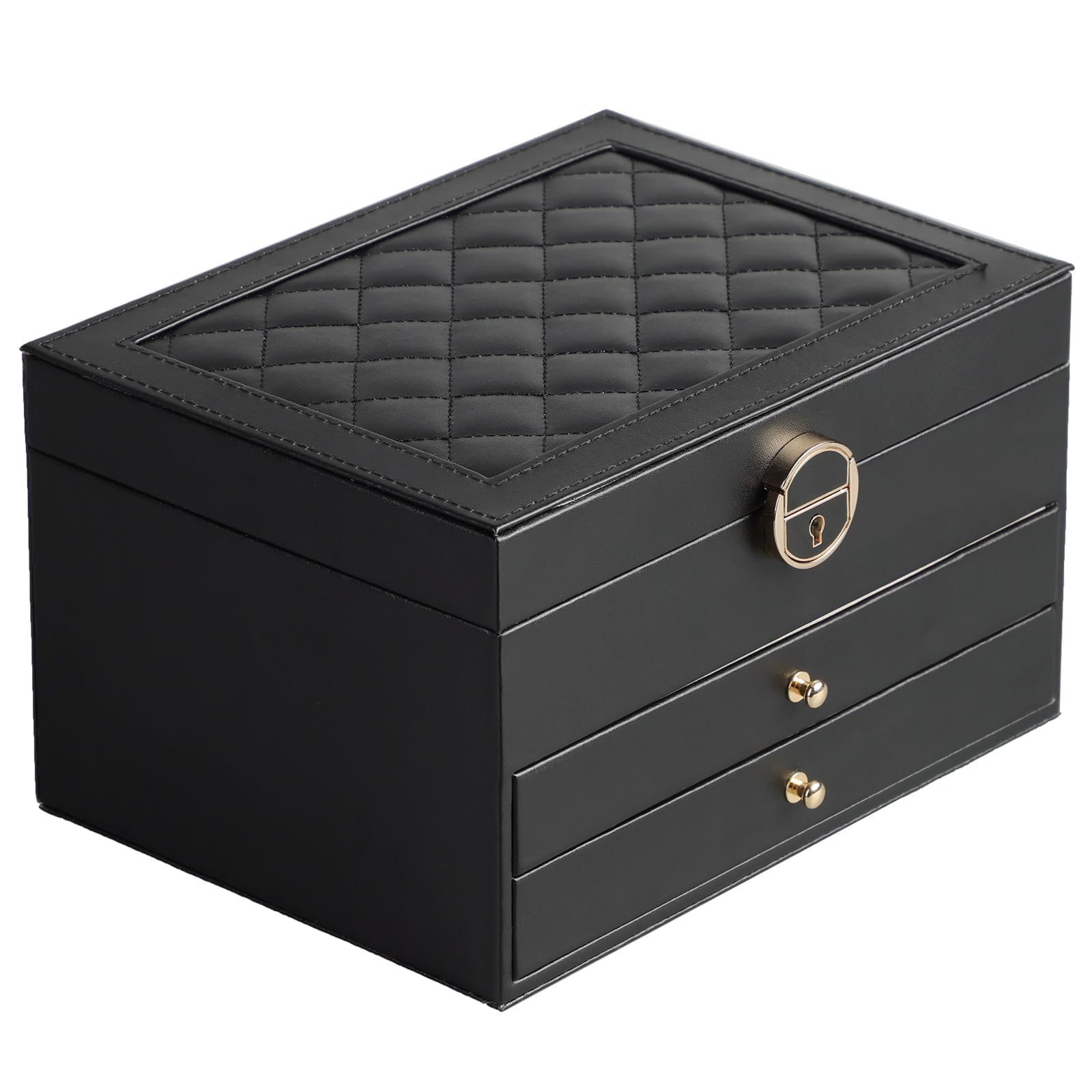 Etokfoks  Black 3 Layer Jewelry Box Organizer with Soft Velvet Lining Metal Buckle and Multi Compartment Storage