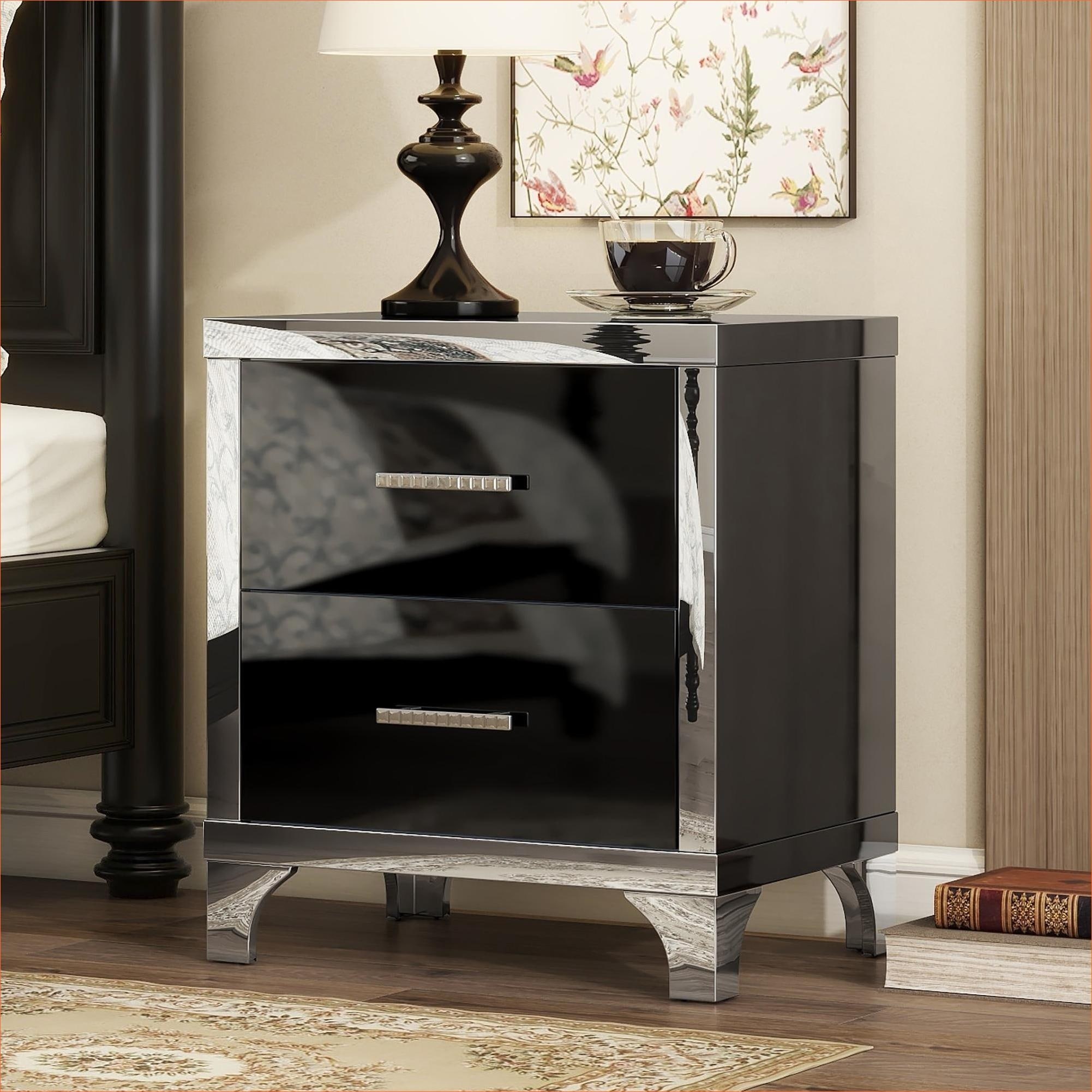 Watnature MDF High Gloss 2-Drawer Storage Nightstand Sleek Black Modern ...
