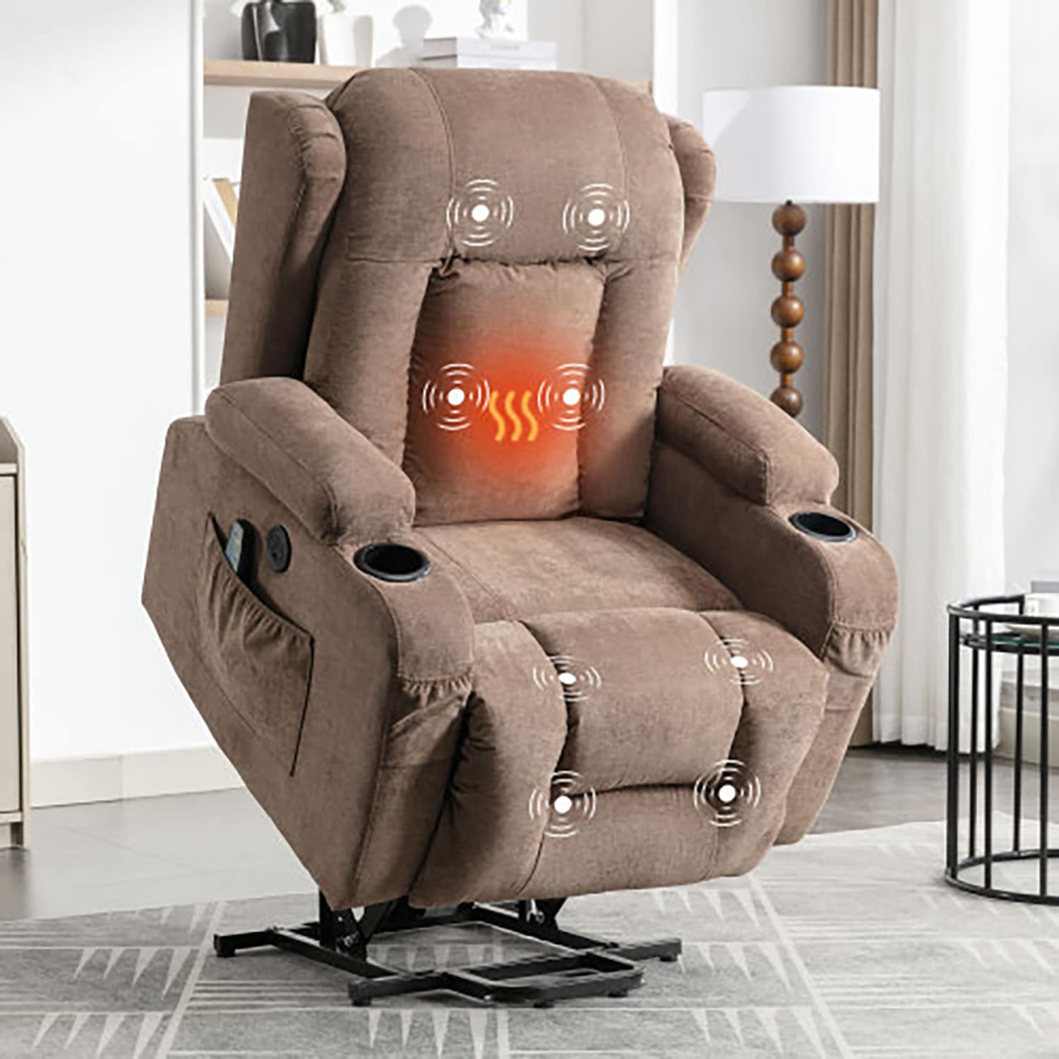 GZMR GZ-8113-GR Power Lift Recliner Chair for Elderly with Heat and Massage Brown Polyester Upholstered Powered Reclining Massage chair with Lift Assistance