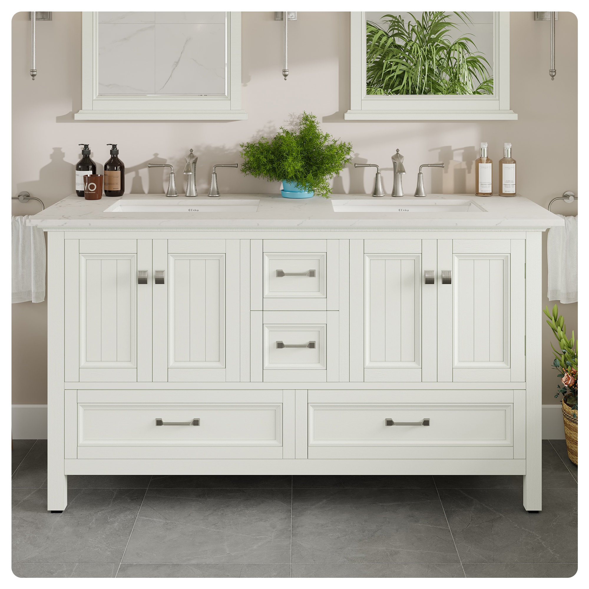 Eviva EVVN612-60WH-Q Britney 60-in White Undermount Double Sink Bathroom Vanity with White Quartz Top