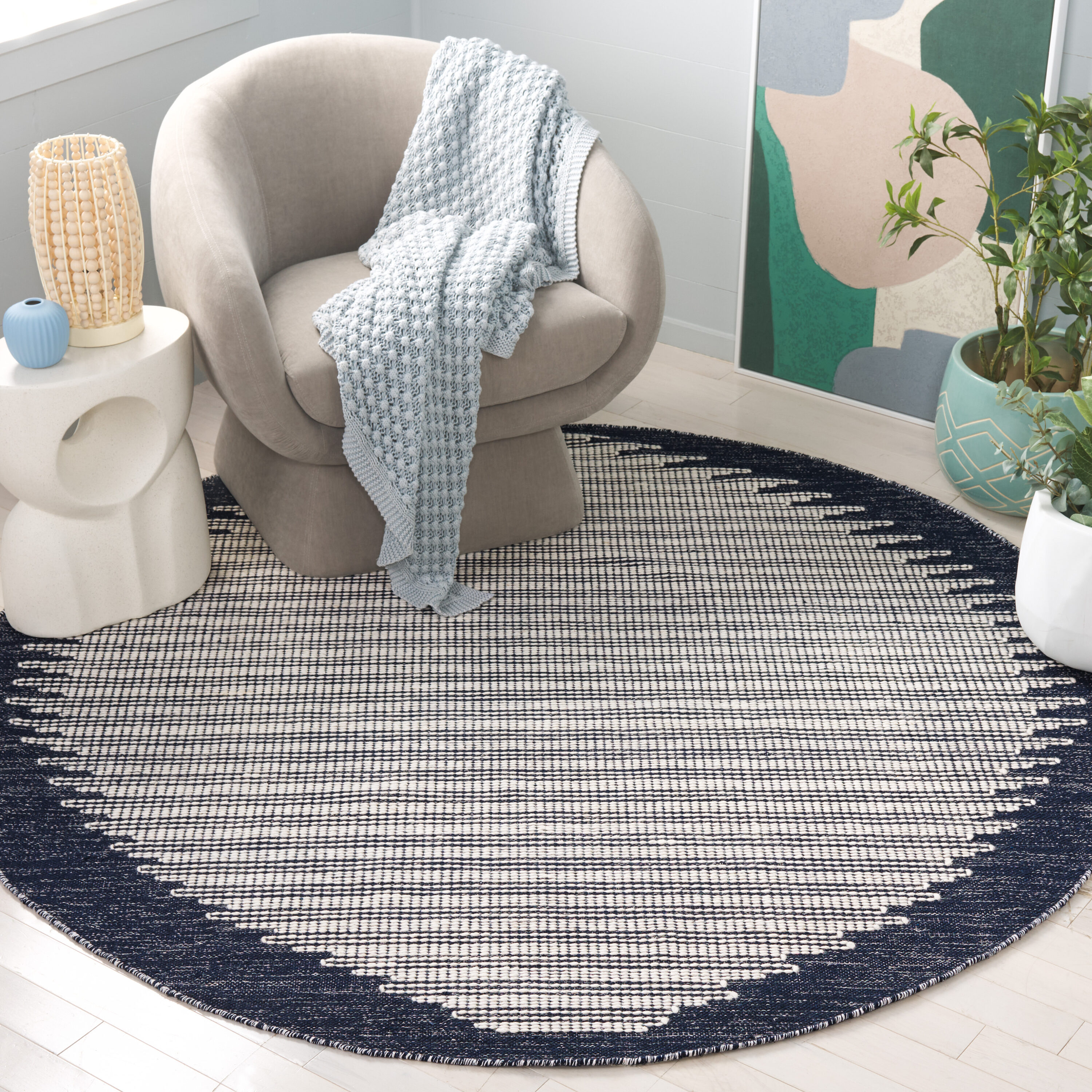  Ebony 312 Ivory/Navy Contemporary 6ft x 6ft Round Rug