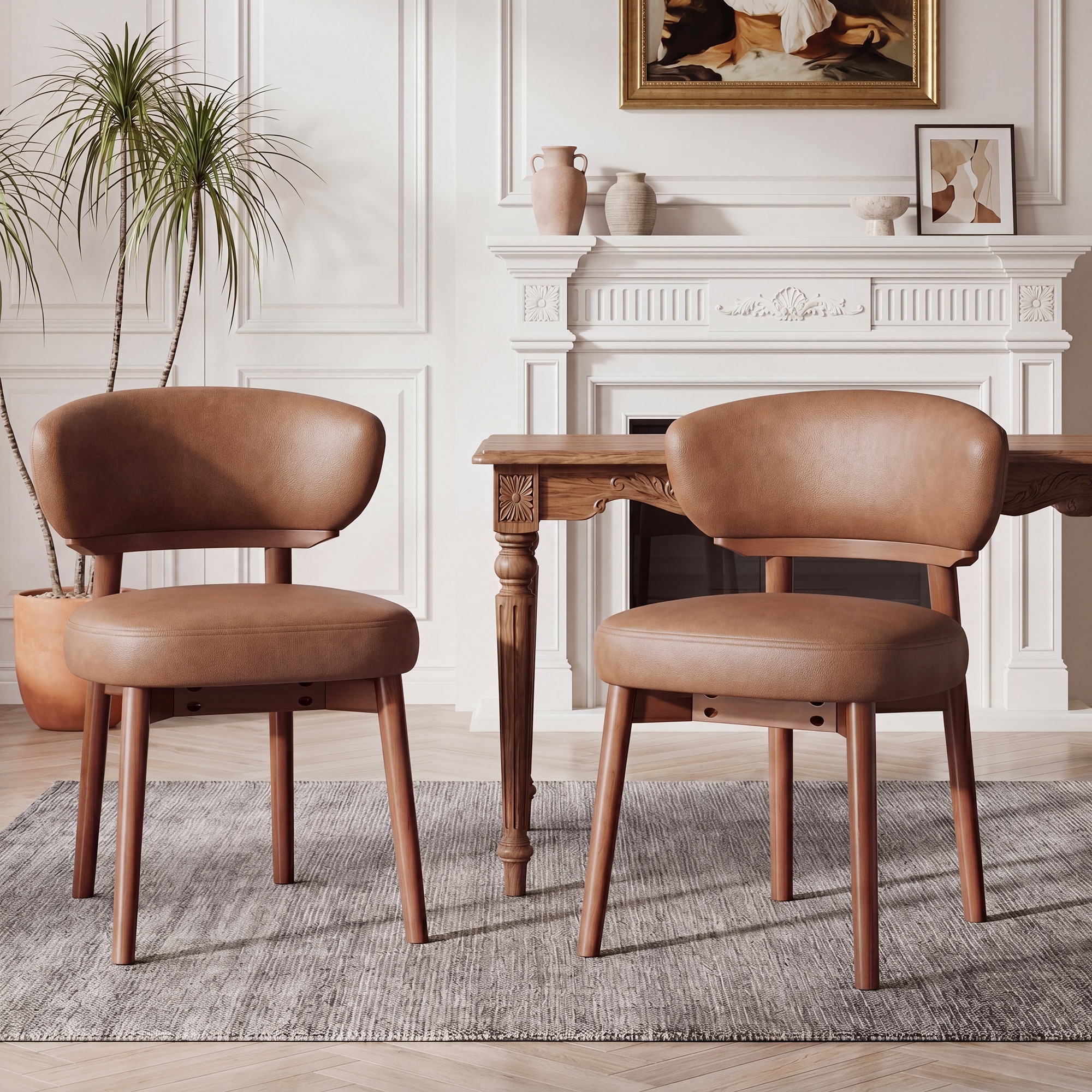 ViviHav Set of 2 Faux Leather Dining Chairs Brown Mid-Century Modern Side Chairs with Solid Wood Legs