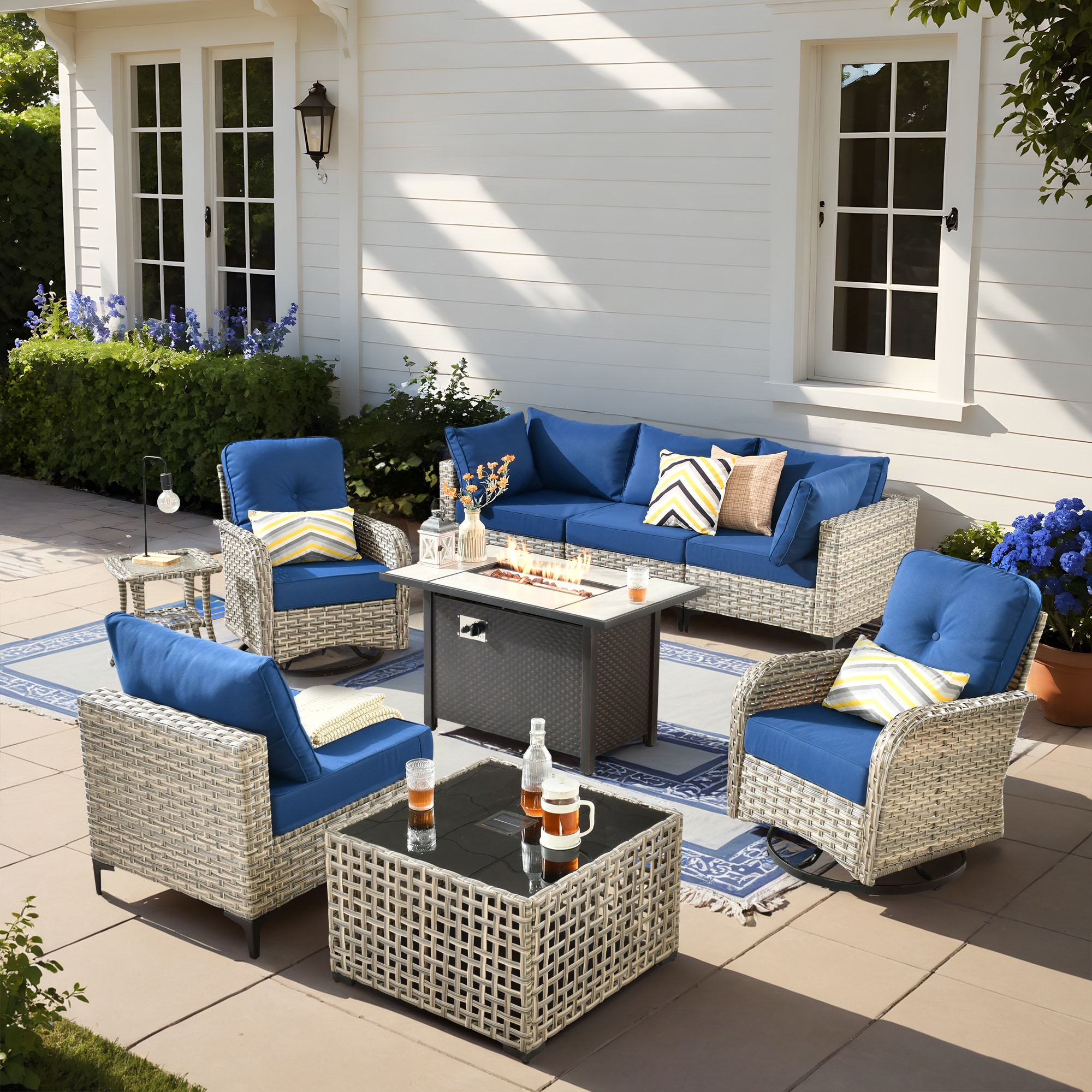 ALTRIGUS 6LCFP03VYZSKT709AL 9 -Piece Wicker Patio Sofa Conversation Set with Navy Cushions