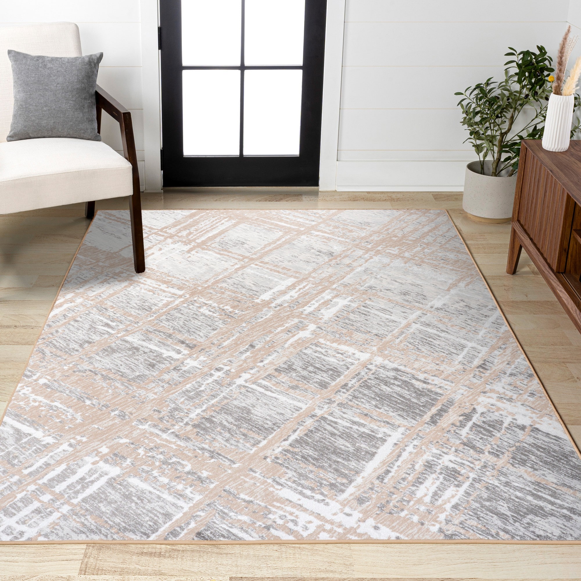 JONATHAN  Y SOR201C-4 SILK ORCHID Slant Abstract 4 x 6 (ft) Loomed Beige/Gray Rectangular Indoor Trellis Bohemian/Eclectic Pet Friendly Area rug