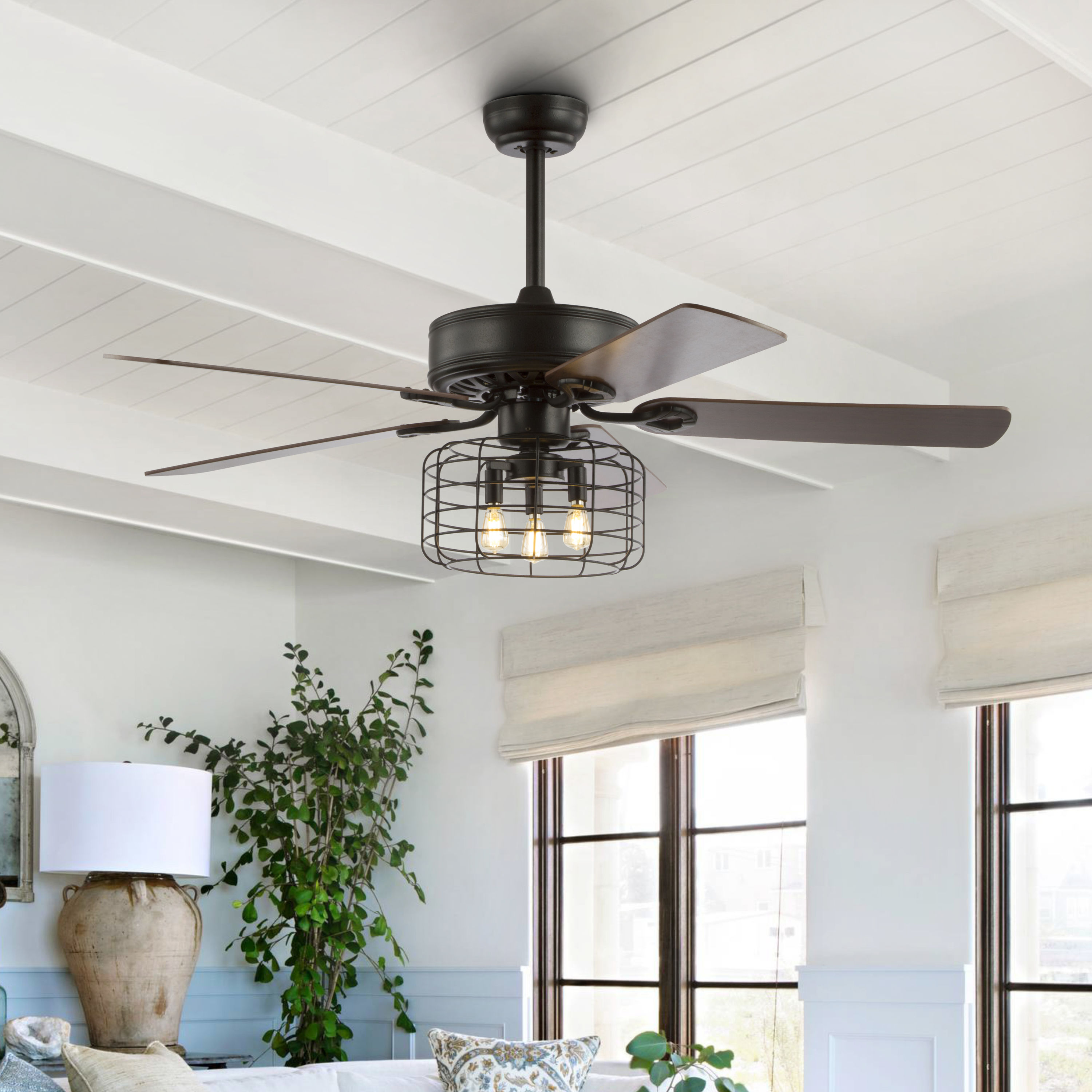 JONATHAN Y Ashton Industrial Rustic 52-in Black Indoor Downrod or Flush  Mount Ceiling Fan with Light and Remote (5-Blade) in the Ceiling Fans  department at
