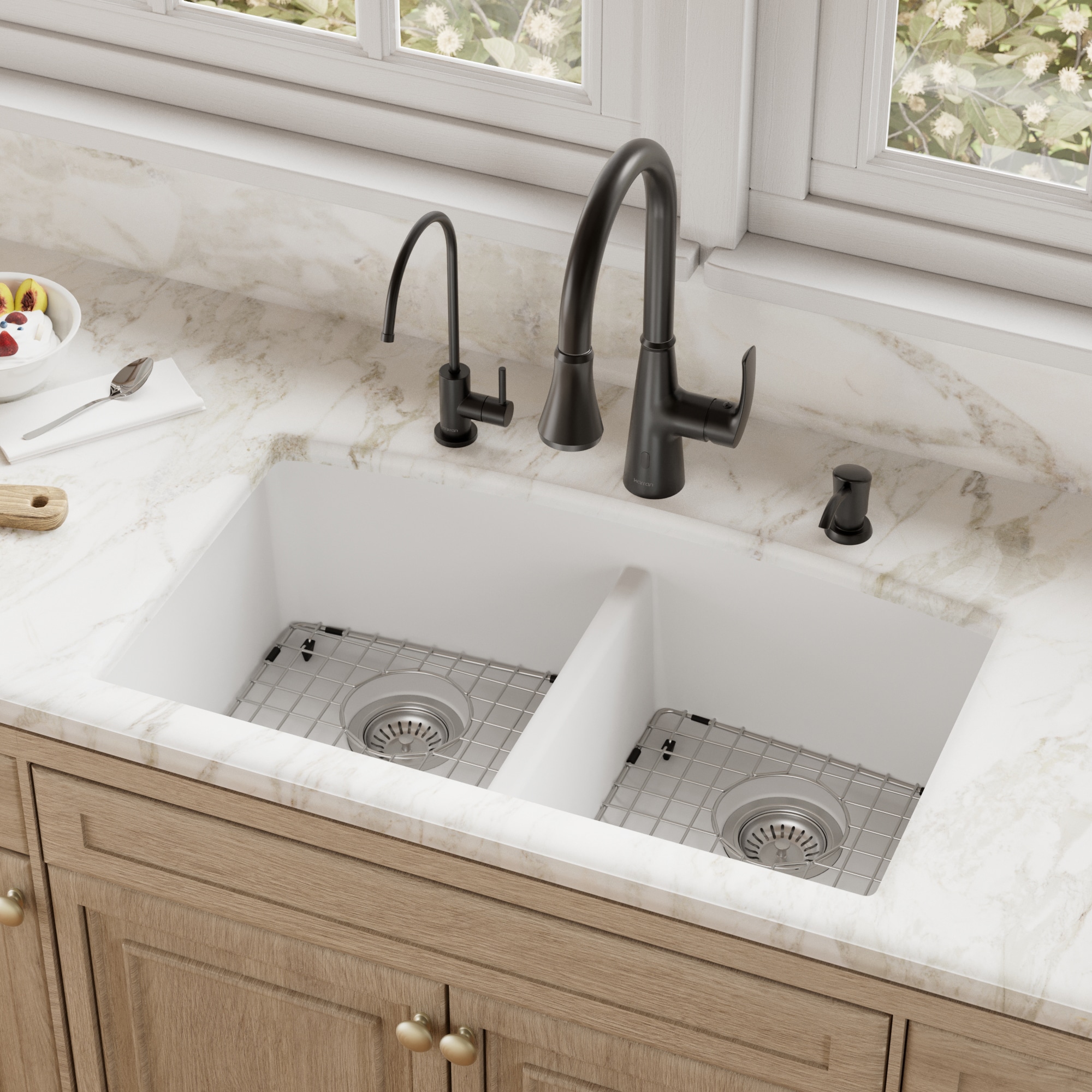 Karran Undermount 32.50-in x 19.50-in Quartz Double equal bowl Kitchen Sink