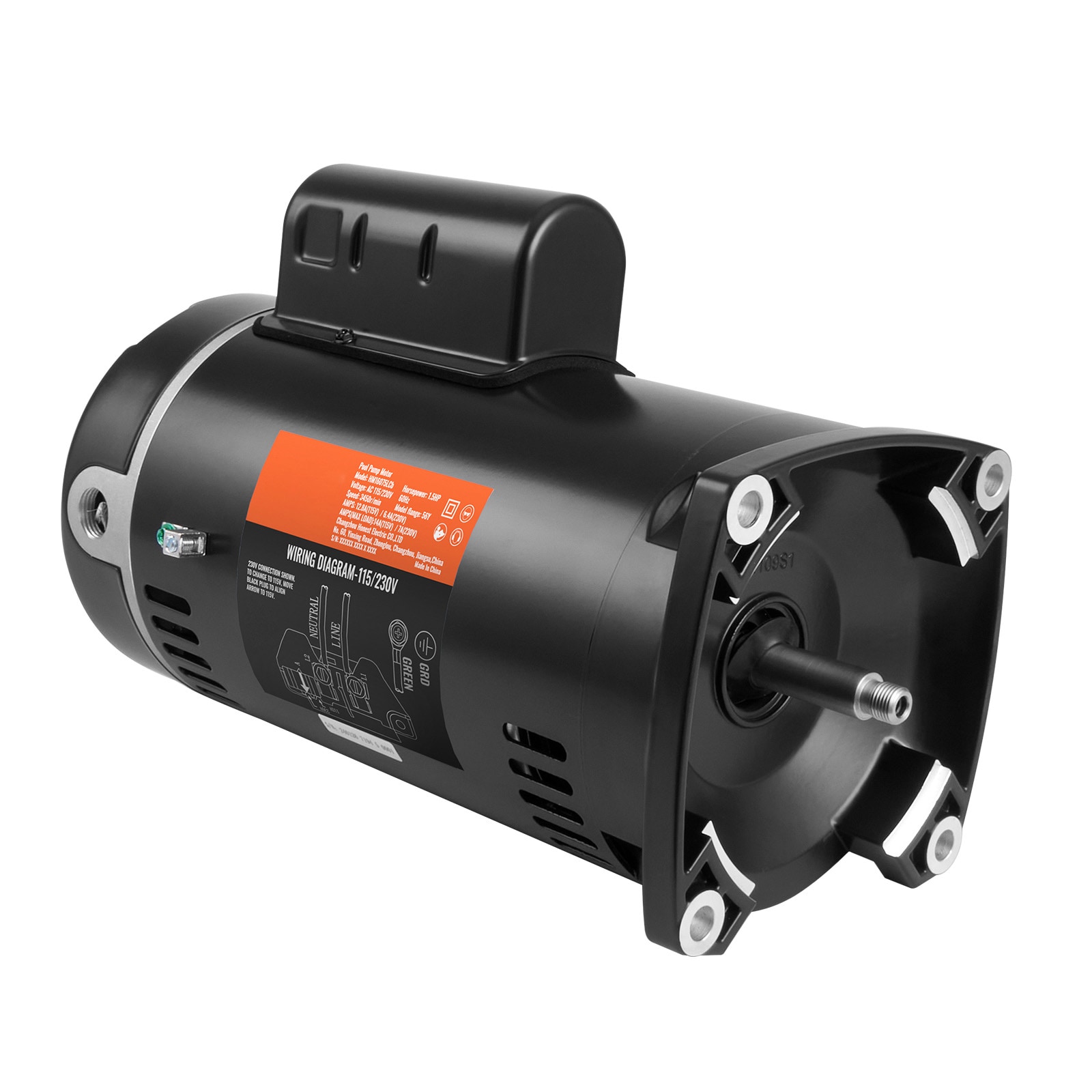 VEVOR SCYCBDJ15HP503573V9 1.5 HP Pool Pump Motor  56Y Frame  115V((12.8 Amps))/230V(6.4 Amps) 3450 RPM  60Hz  1.1 Service Factor  90μF/250V Capacitor  CCW Rotation Square Flange Replacement Motor