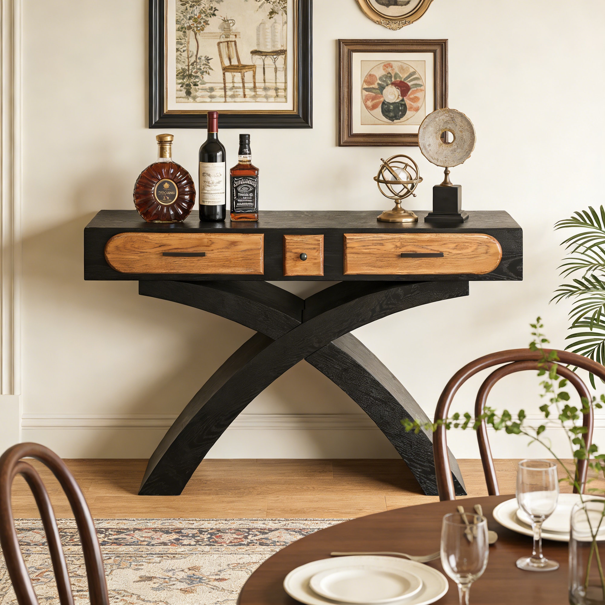 GDFStudio Indoor Modern 47.24-in Wood Entryway Console Table with Two Handle Drawers Cross Leg Base and Easy Assembly Carbonized Black Oak