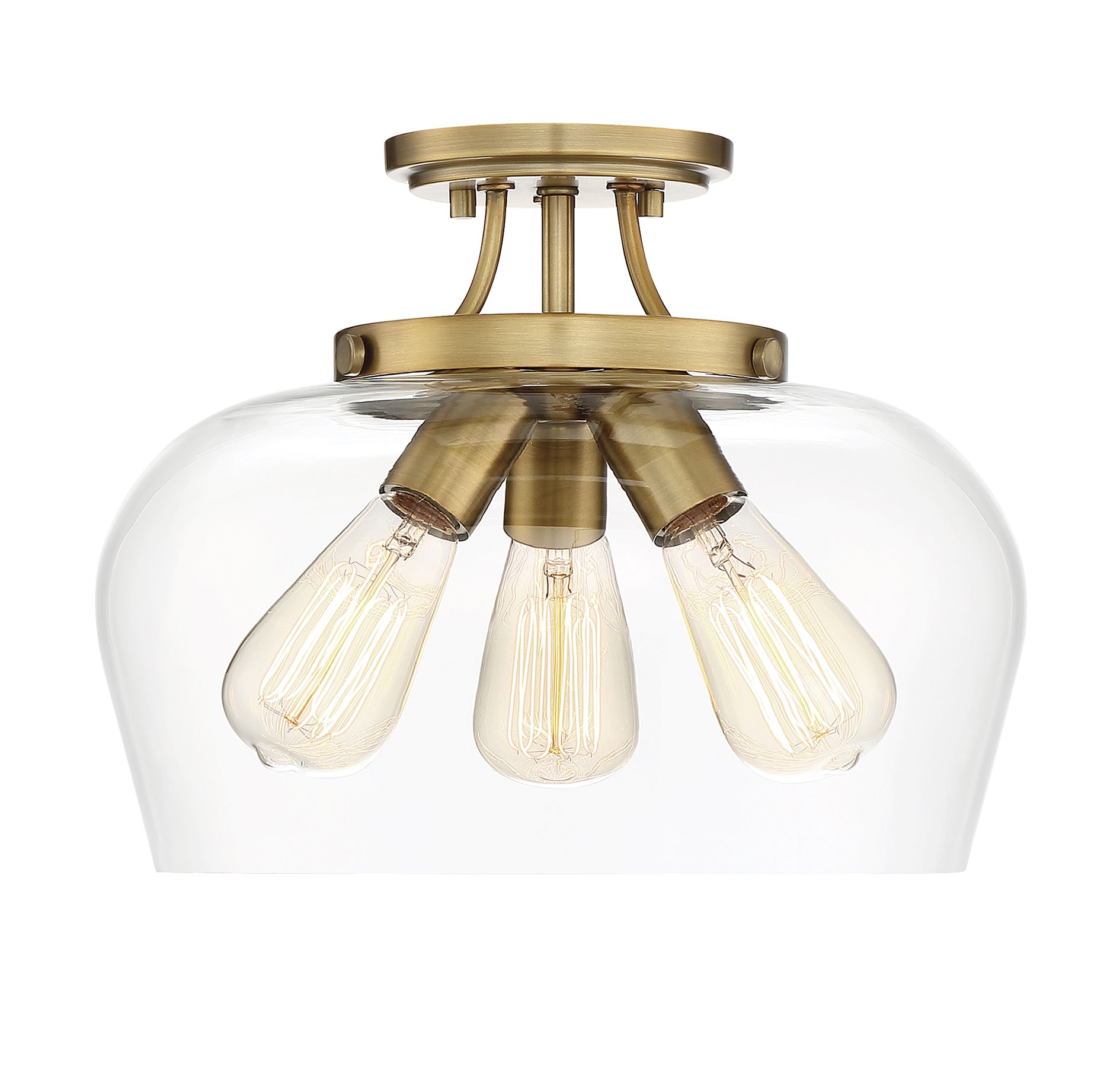 Elegant Warm Brass 3-Light Semi-Flush Mount with Curved Glass Shade