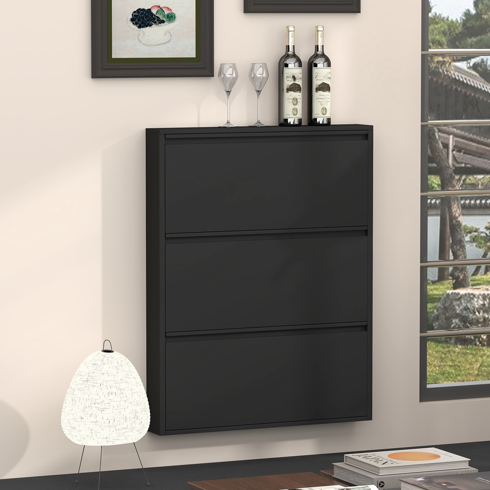 Boho Havens Modern Black Wood and Metal Shoe Cabinet