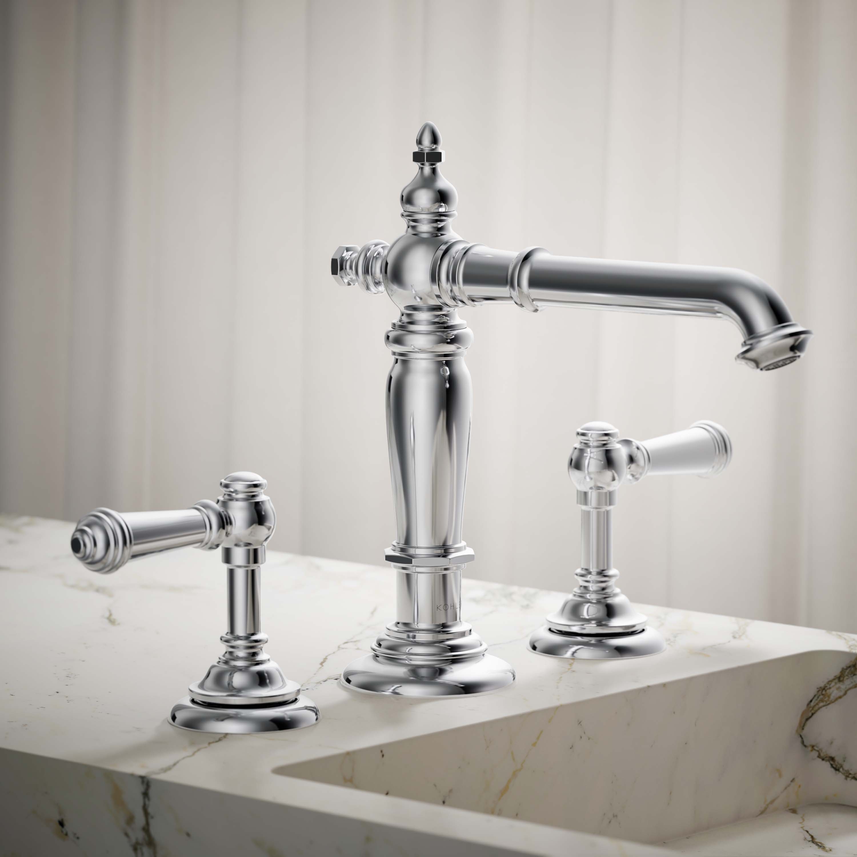 KOHLER 72760-CP Artifacts Polished chrome Widespread 2-handle WaterSense Low-arc Commercial/Residential Handle Bathroom Sink Faucet with Drain