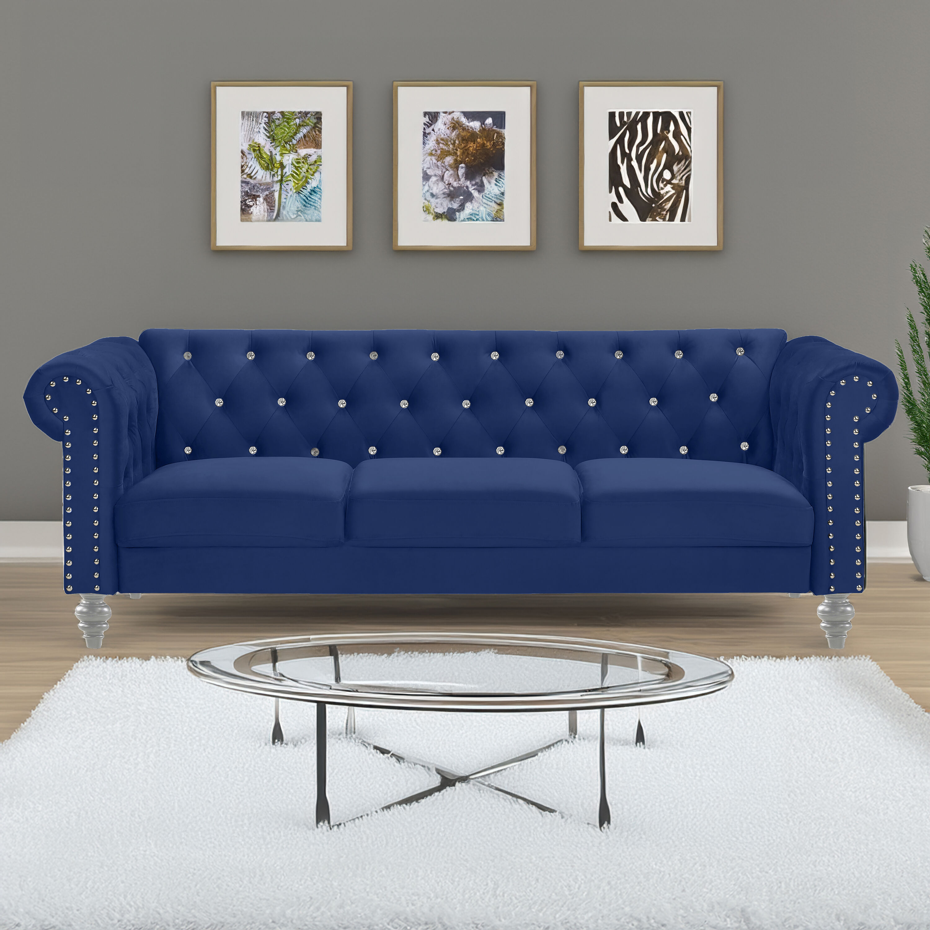 New Classic Furniture UKD13-30-BLUC Emma 81-in Glam Royal Blue Velvet 3 -seater Sofa