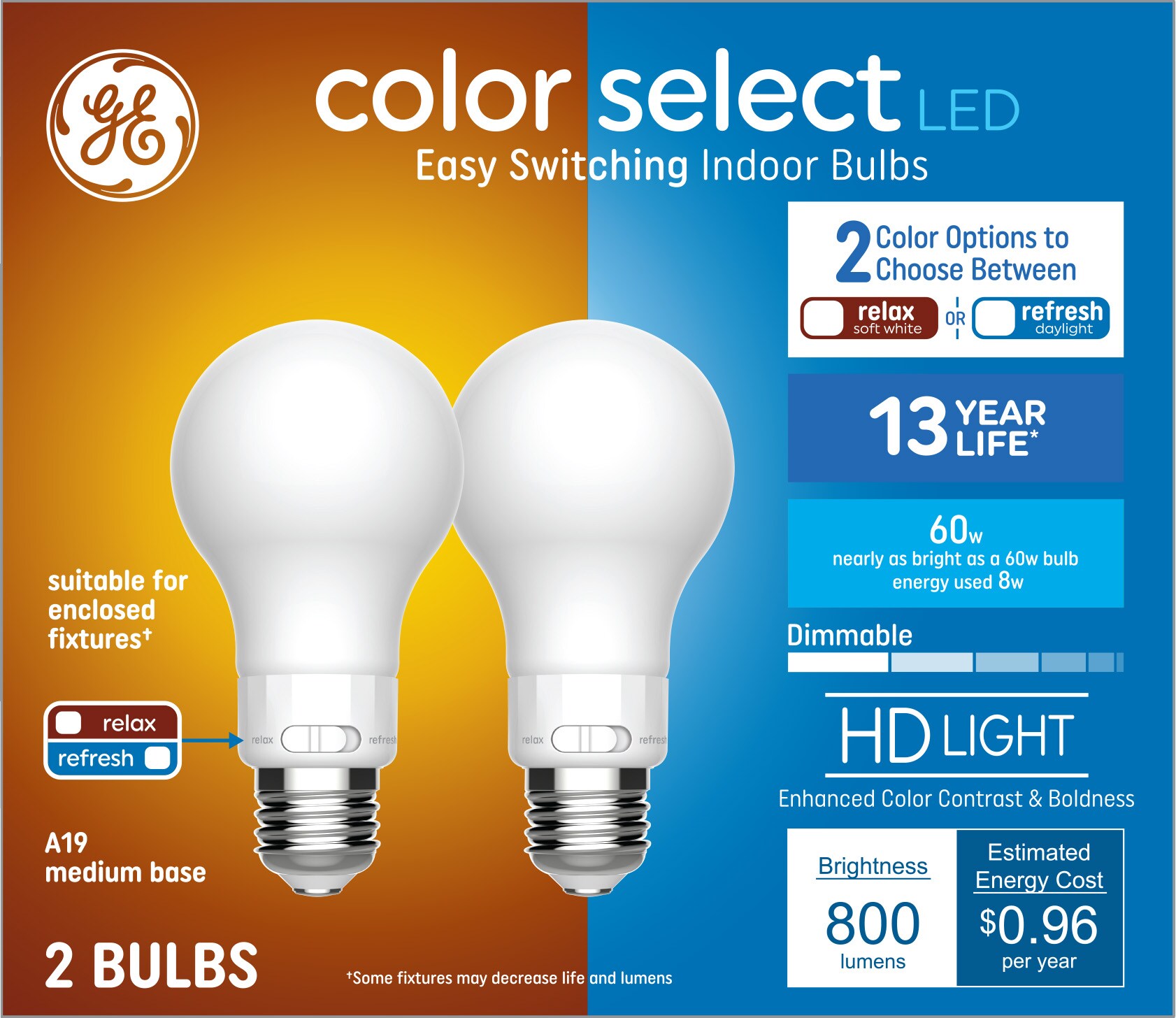 GE 93128942 Relax/Refresh 60-Watt EQ A19 Color-enhancing Medium Base (E-26) Dimmable Light Bulb (2-Pack)