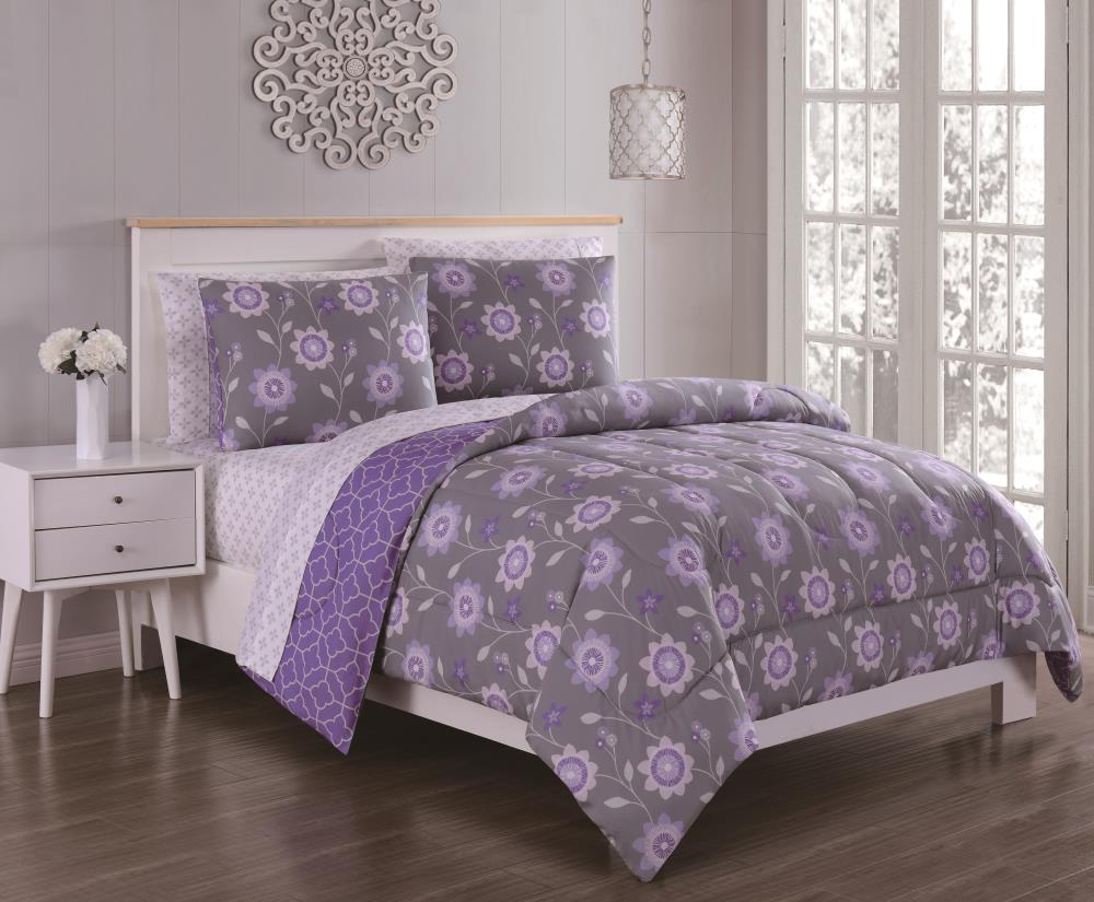 Geneva Home Fashion Britt 7-Piece Gray/Lilac Queen Comforter Set in the  Bedding Sets department at Lowes.com