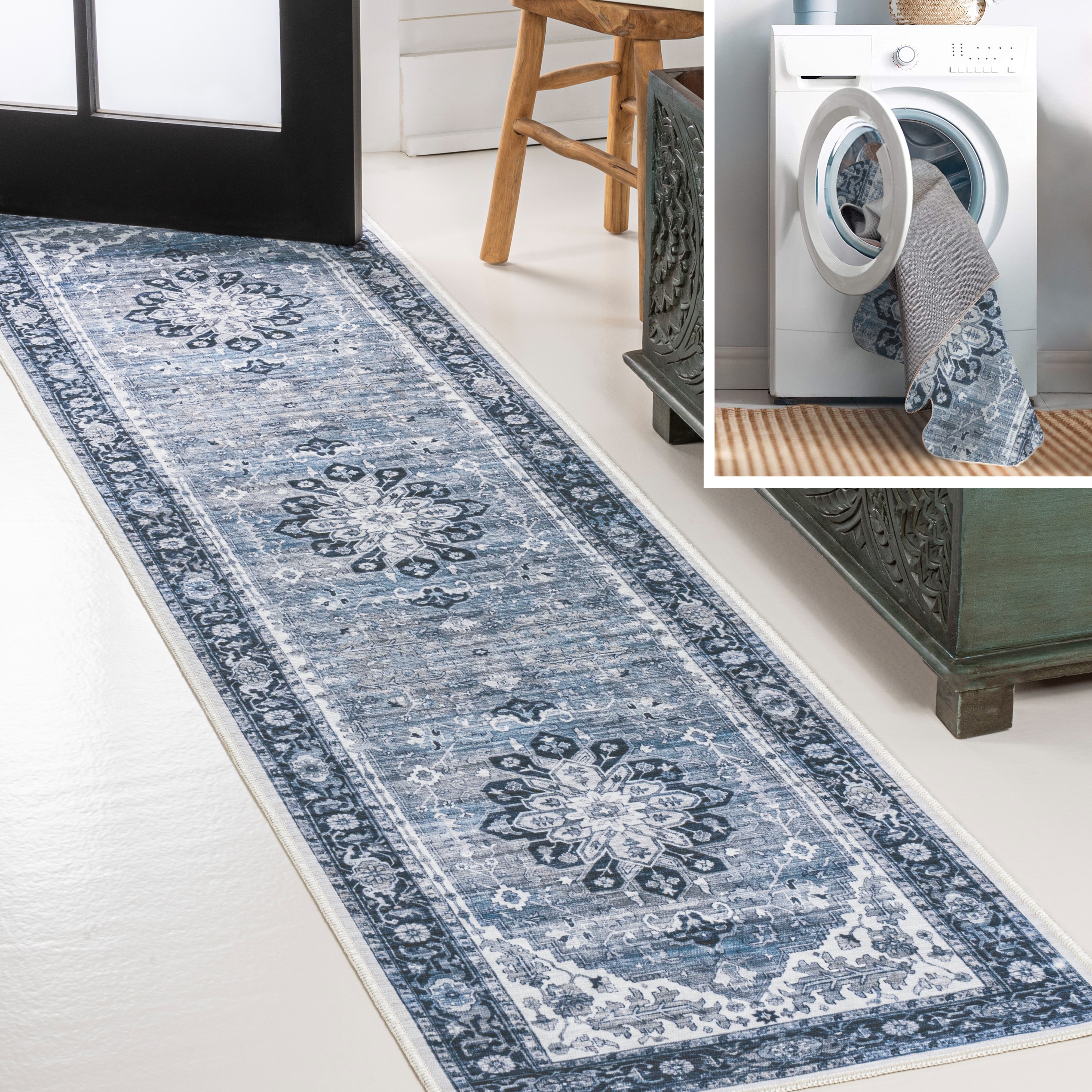 JONATHAN  Y WSH108B-28 WASHABLE Asa Ornate Medallion 2 x 8 (ft) Loomed Chenille Blue/Cream Rectangular Indoor Border Bohemian/Eclectic Machine washable Runner rug