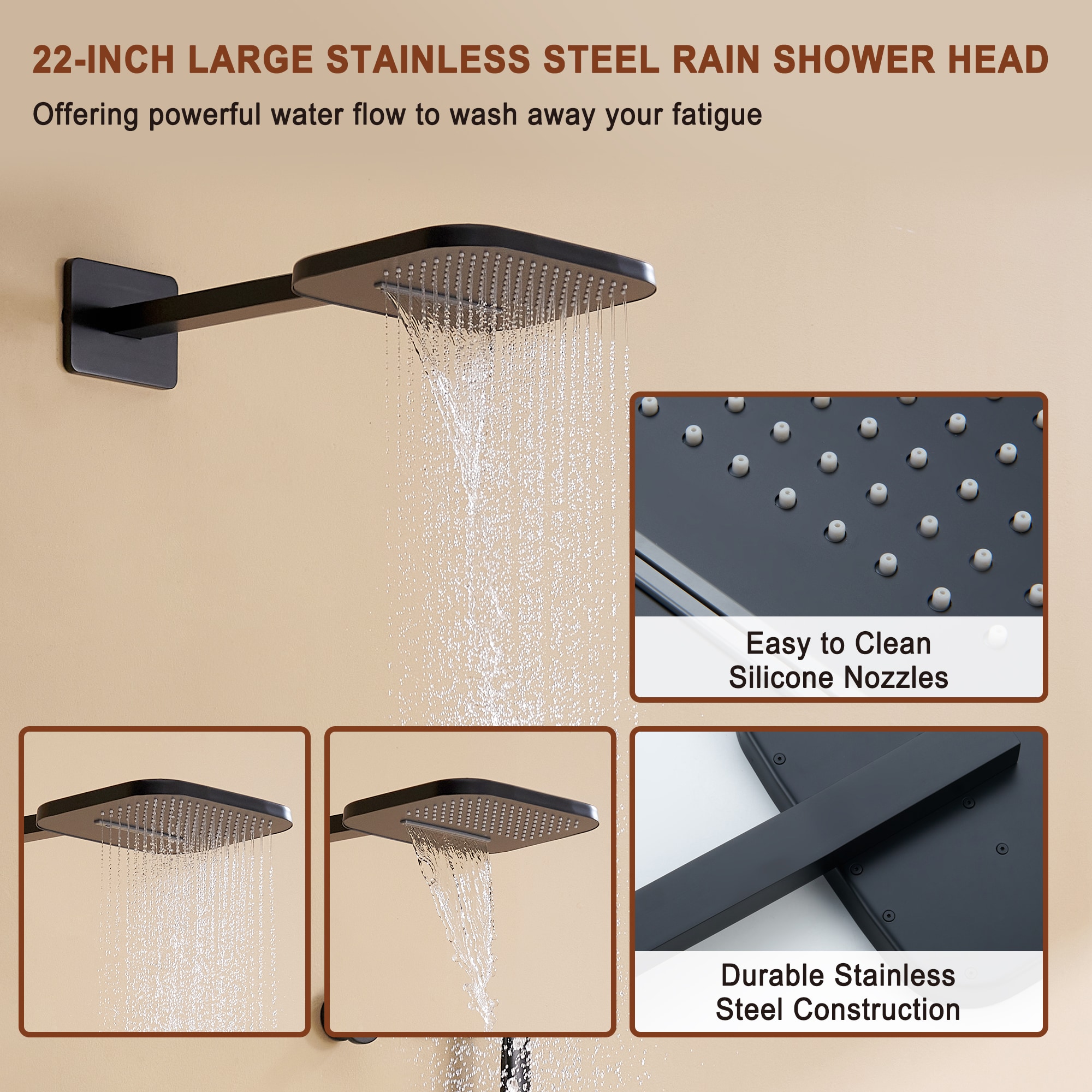 Mondawe Matte Black 22-in Waterfall Built-In Shower Faucet System With ...