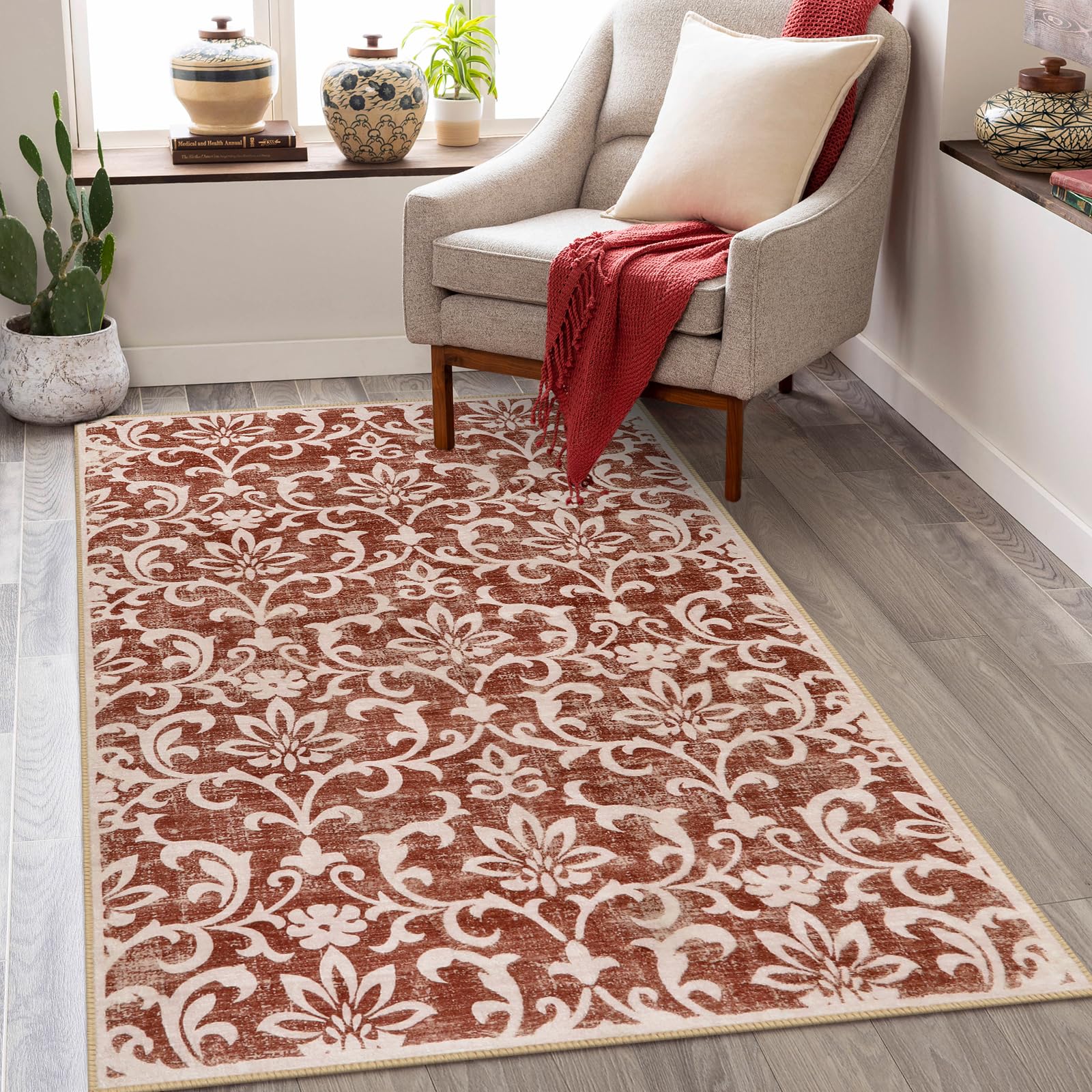 Lahome RR-DYR-012-GR1 3 x 5 (ft) Red Palace Floral Short Pile Velvet Rectangular Indoor Area Rug