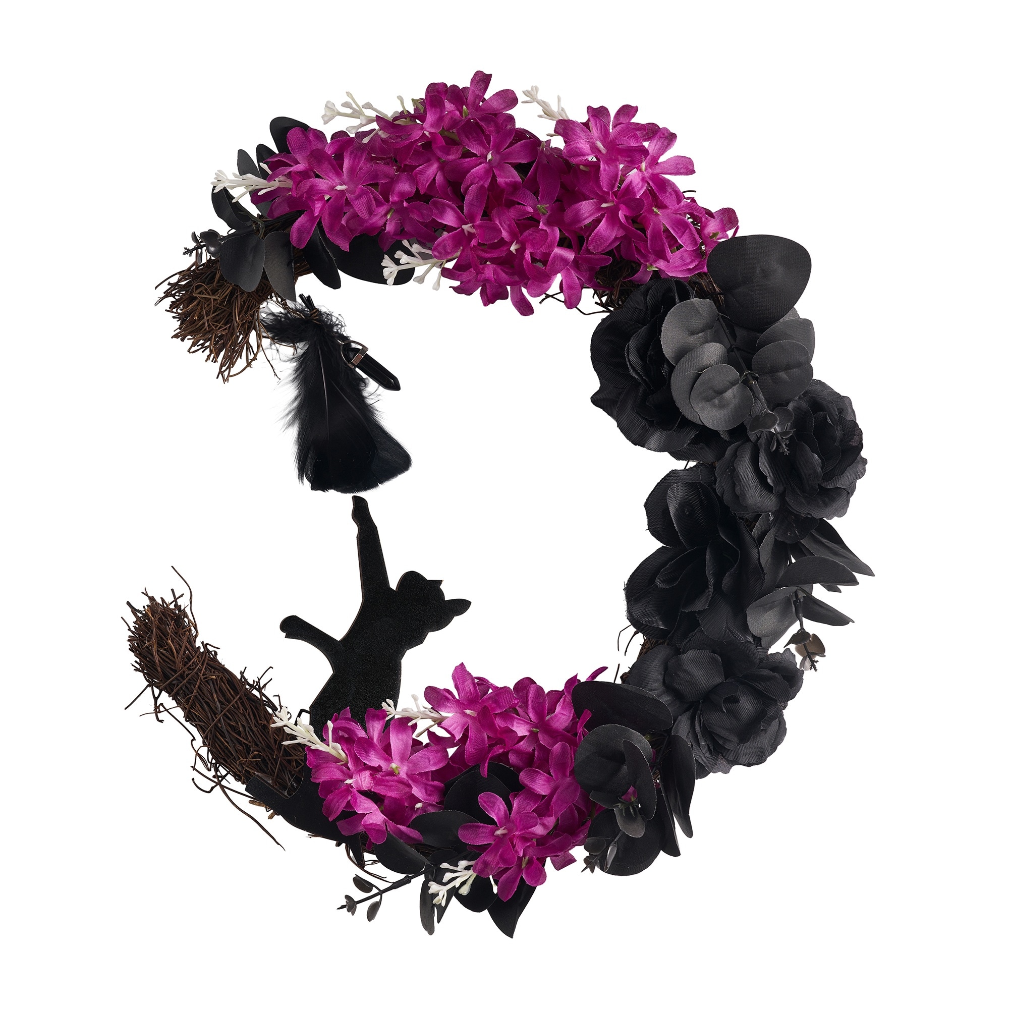 Joyfy  Halloween Wreath Black Moon Wreath with Black Cat