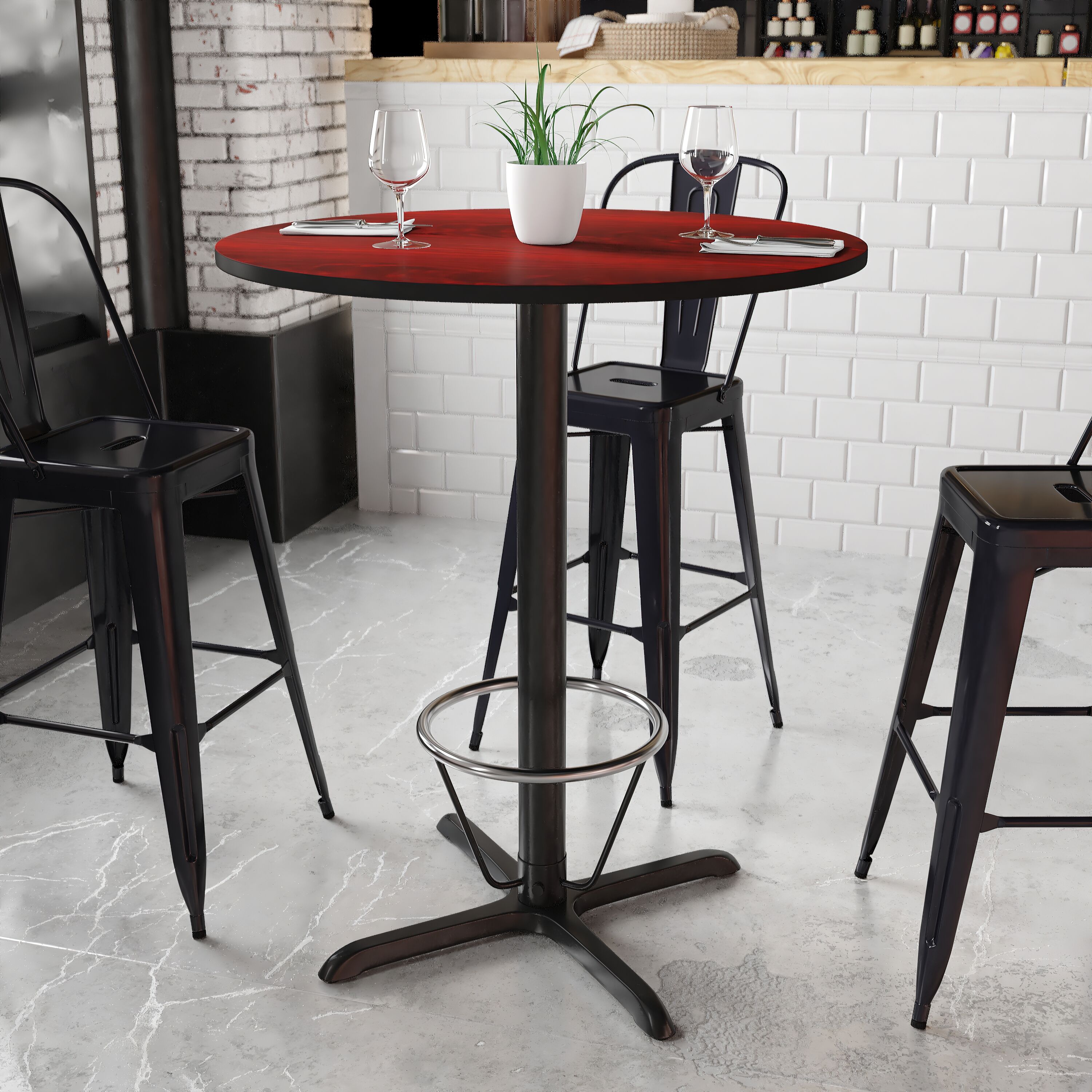 Flash Furniture 889142218333 Mahogany Round Contemporary/Modern Bar Table, Wood veneer with Black Metal 36-Inches L x 43.13-Inches H