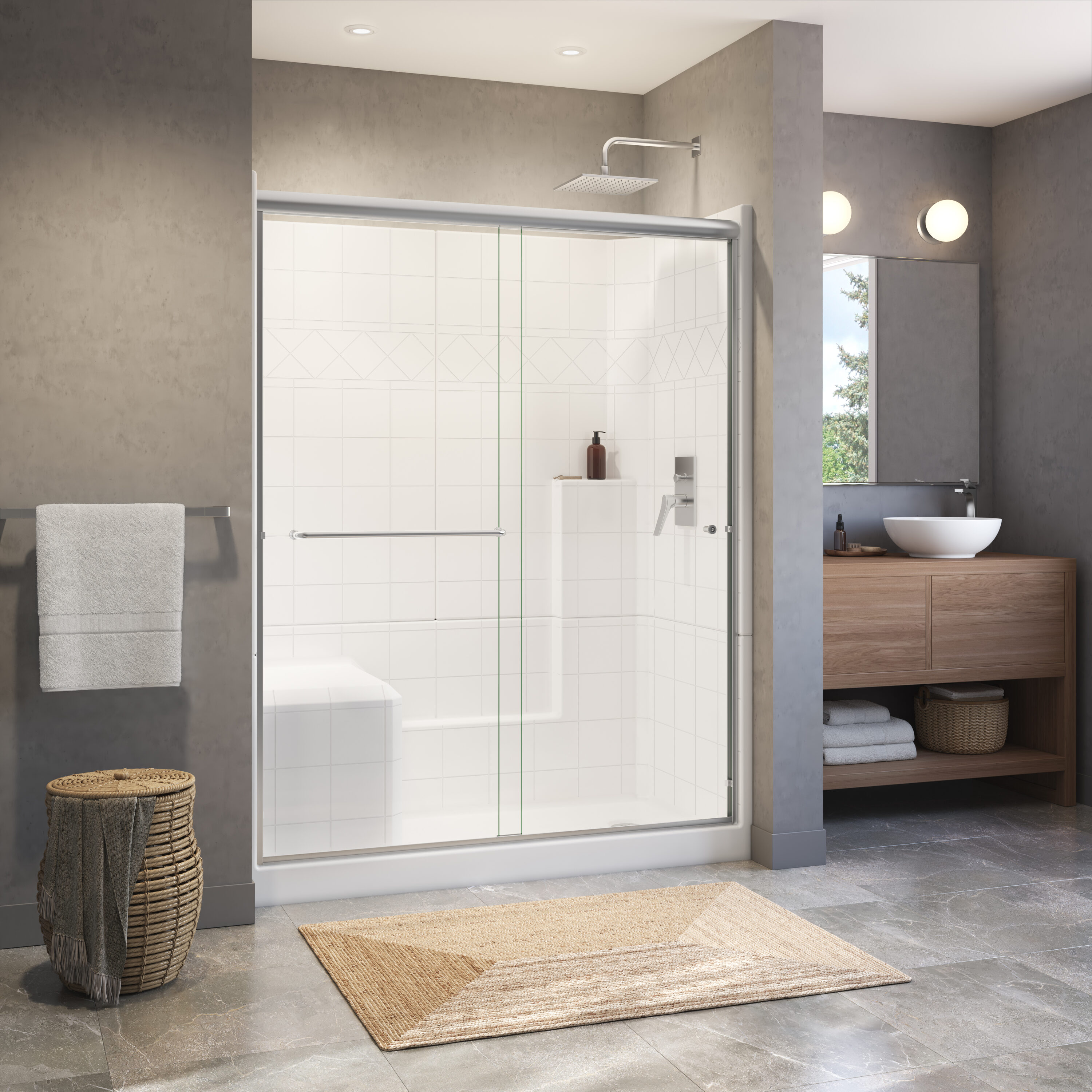 Laurel Mountain Atwood 4 -Piece 33-in W x 60-in L x 77-in H Rectangular Alcove shower kit ( Right Drain) with Integrated Seat Base, Wall, Door and Drain Included Chrome Hardware Included #LM6032SH1S3PLWC1