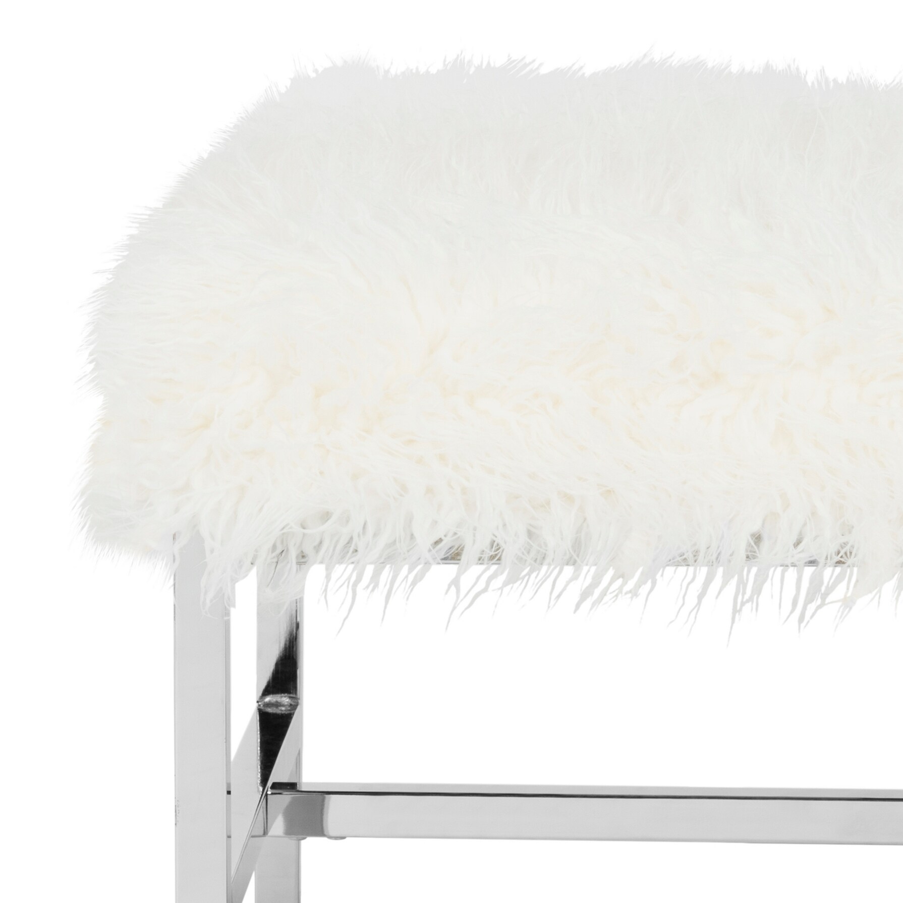 White Faux Sheepskin and Chrome Square Ottoman