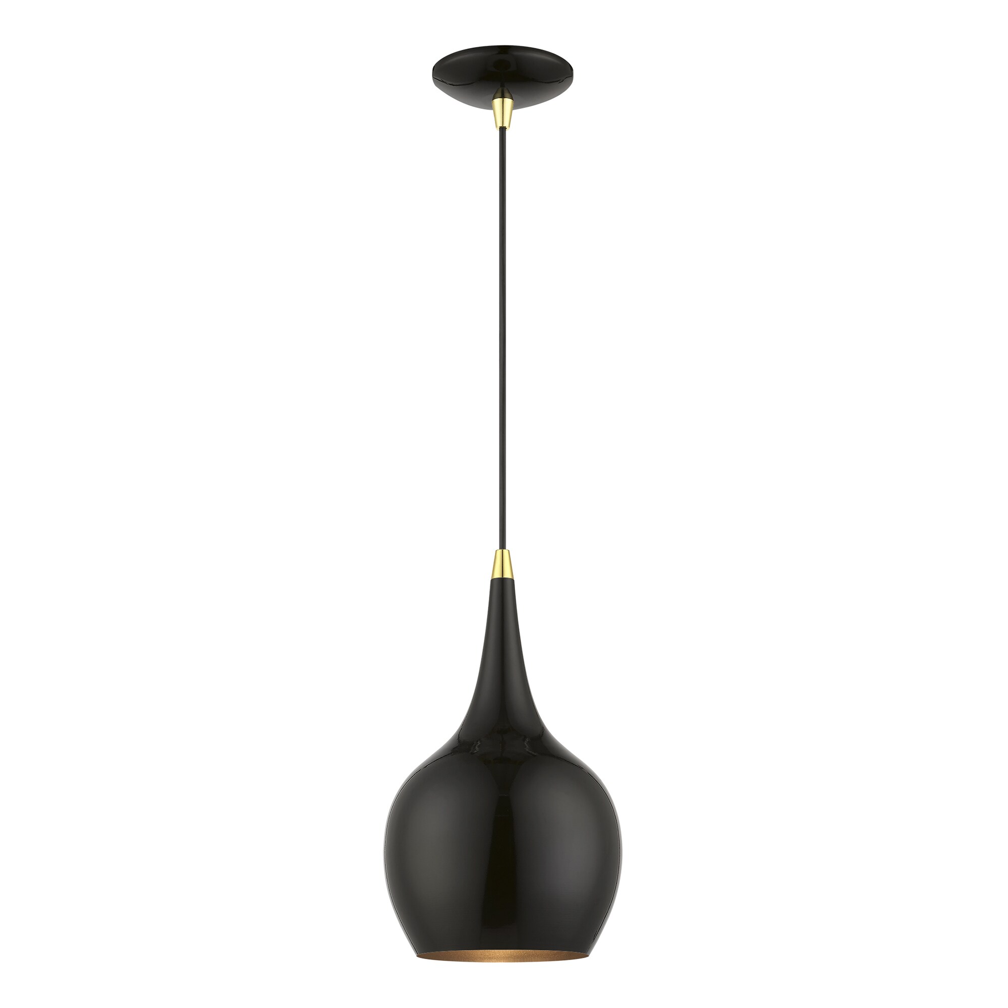 Livex Lighting 49016-68 Andes Shiny Black with Polished Brass Accents Industrial Dome Mini Hanging Pendant Light