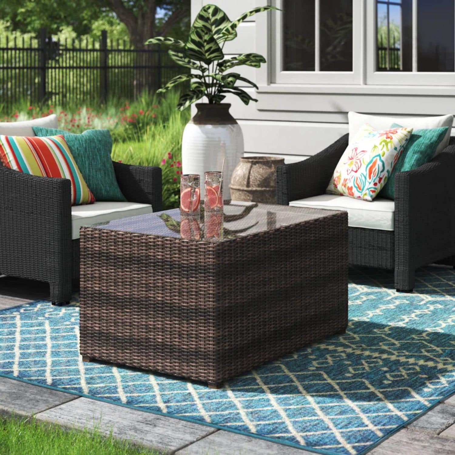 GDFStudio Belmont Modern Wicker Outdoor Coffee Table with Glass Top