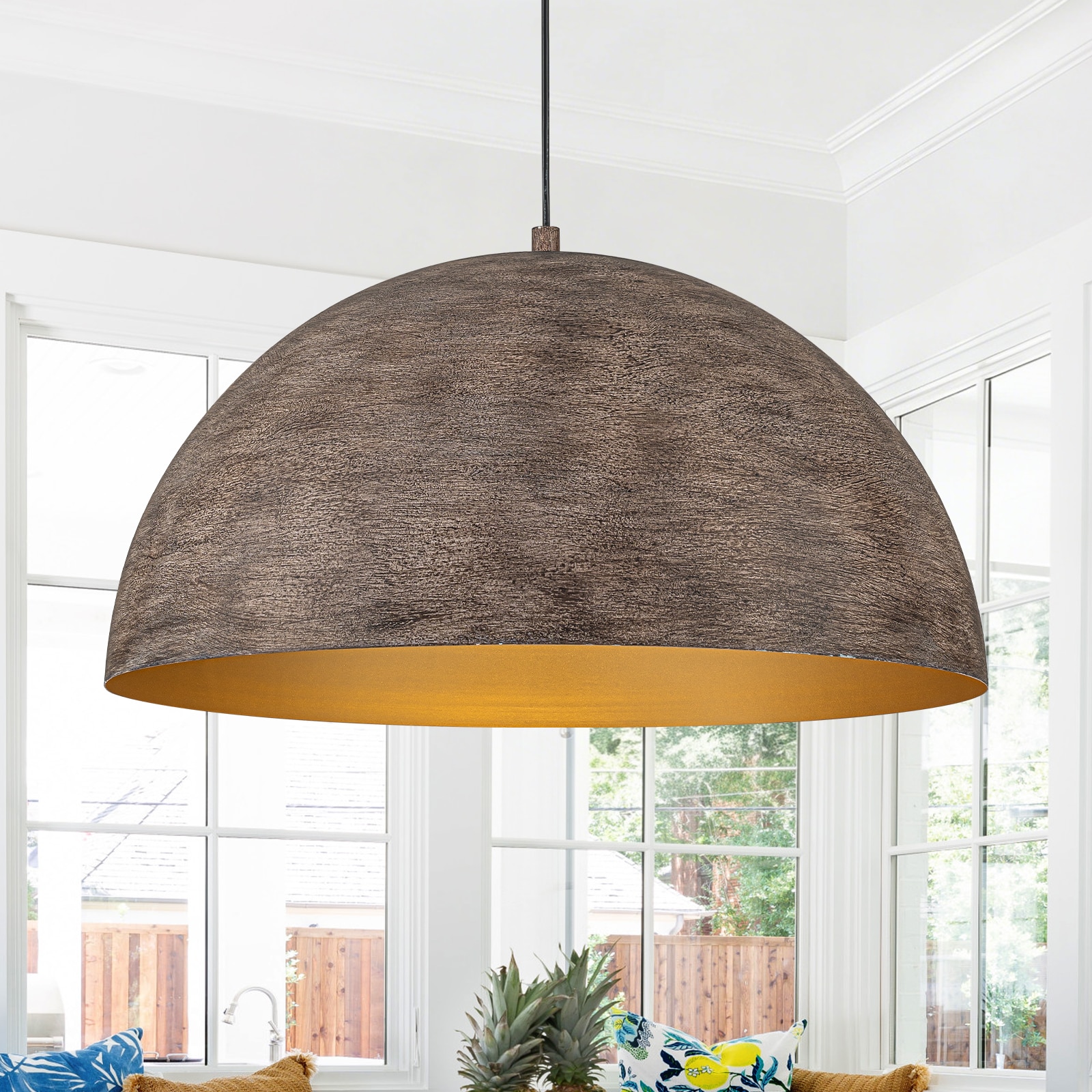 MENCOLULU Weathered Wood-Tone Dome Pendant Lighting 1 -Light Brown Farmhouse Metal Dome Large Hanging Convertible pendant/Semi-flush Light