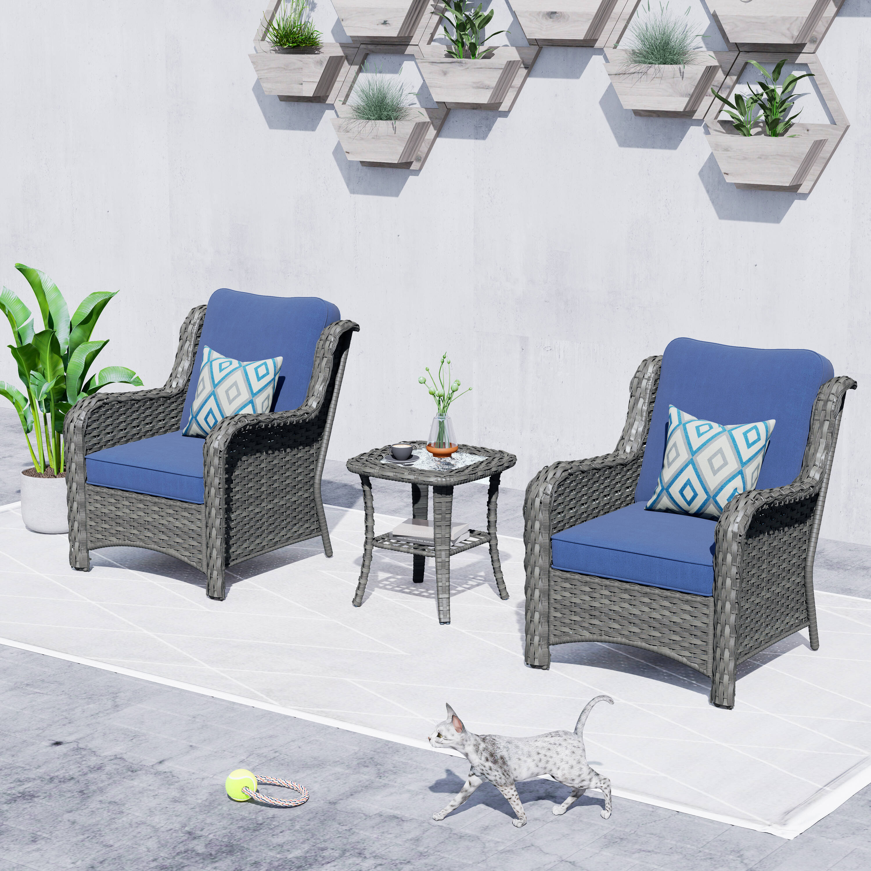 Ovios YZTGNTC3022 3 -Piece Wicker Patio Conversation Set with Blue Cushions