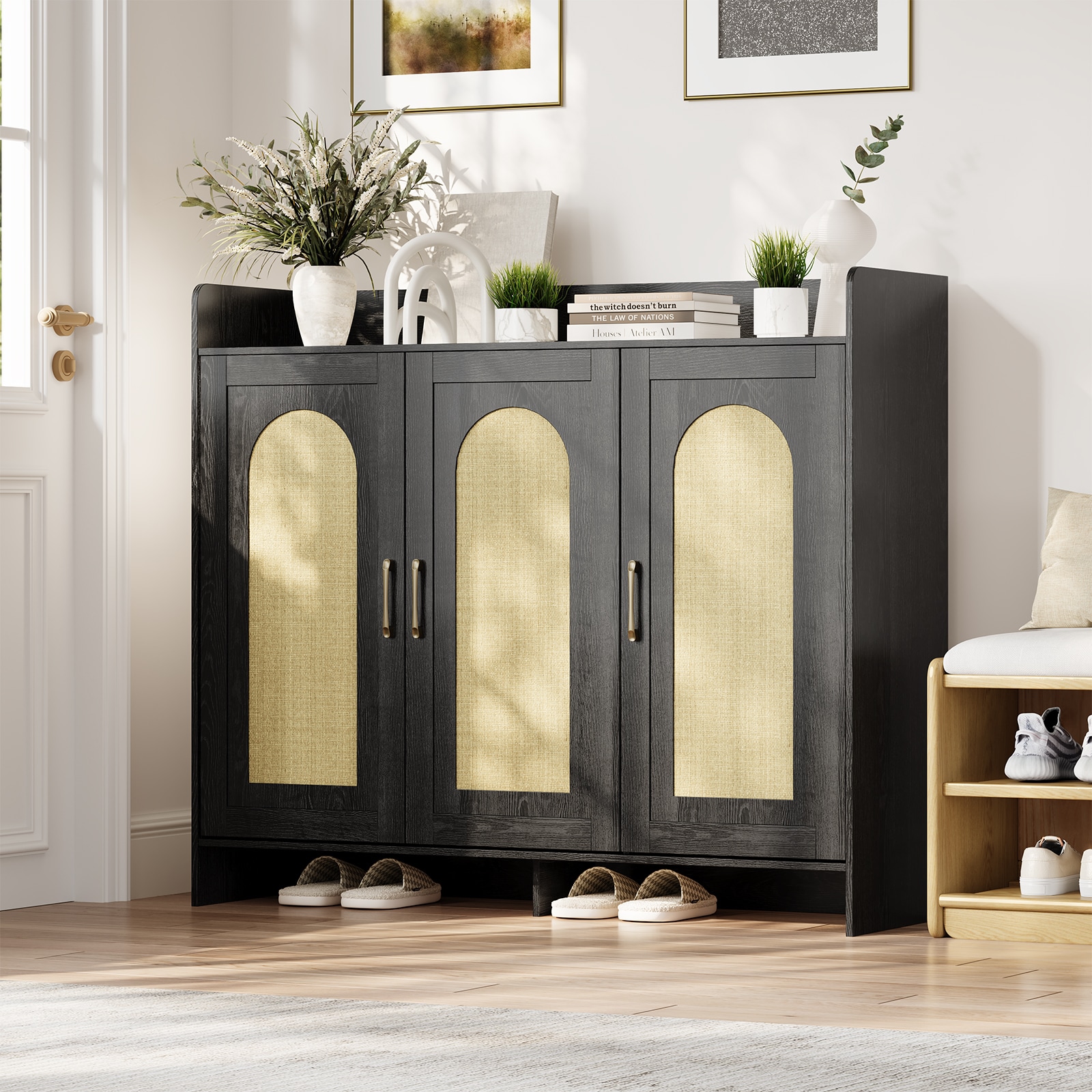 Garvee Shoe Cabinet Storage for Entryway Rattan Storage Cabinet Wooden Shoe Rack with 3 Doors Farmhouse Boho Wood Shoe Organizer Cabinet for Entrance Hallway Living Room Foyer