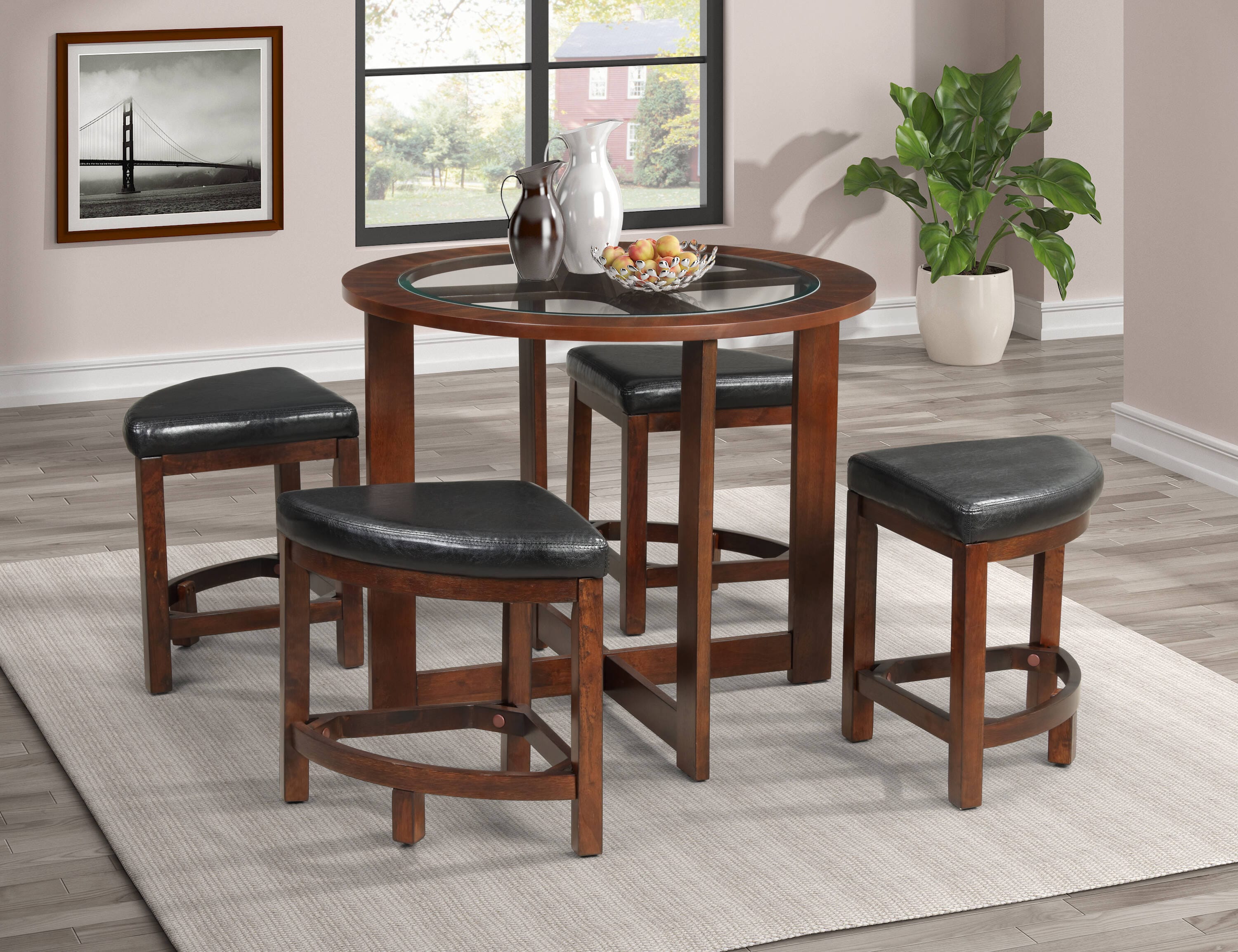 Cylina Dark Brown Glass Top Round Dining Table with 4 Faux Leather Chairs